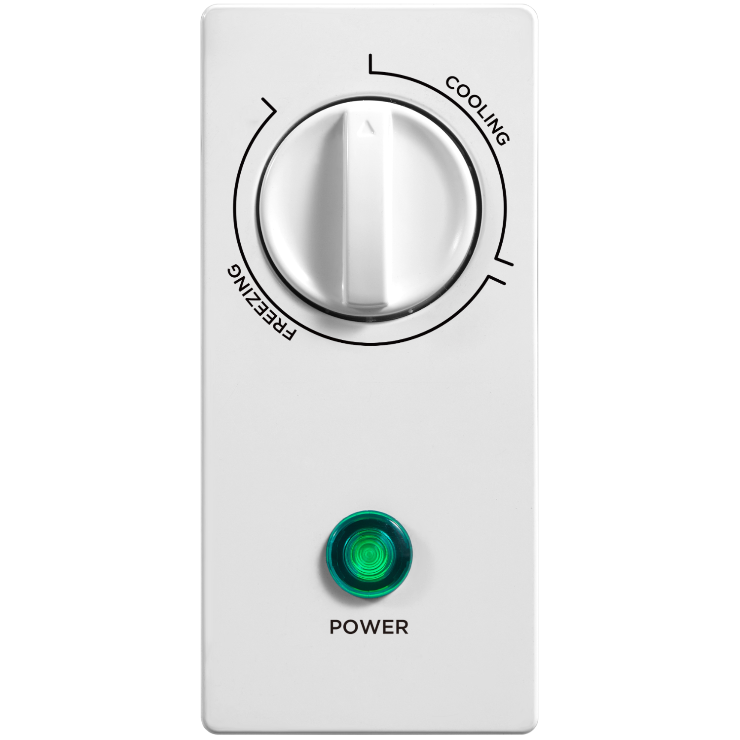 Wit bedieningspaneel met een knop met de labels 'Koelen' en 'Invriezen', met een groen stroomlampje.