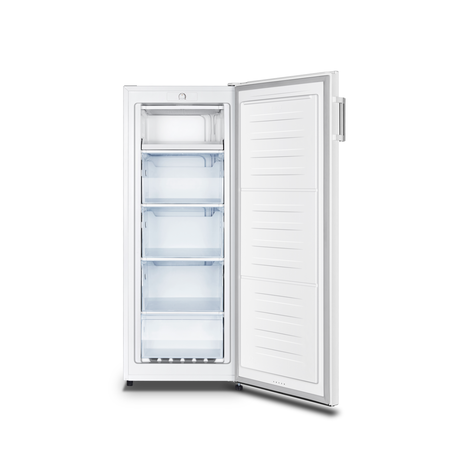 White freezer with open door showing drawers inside, set against a white background.