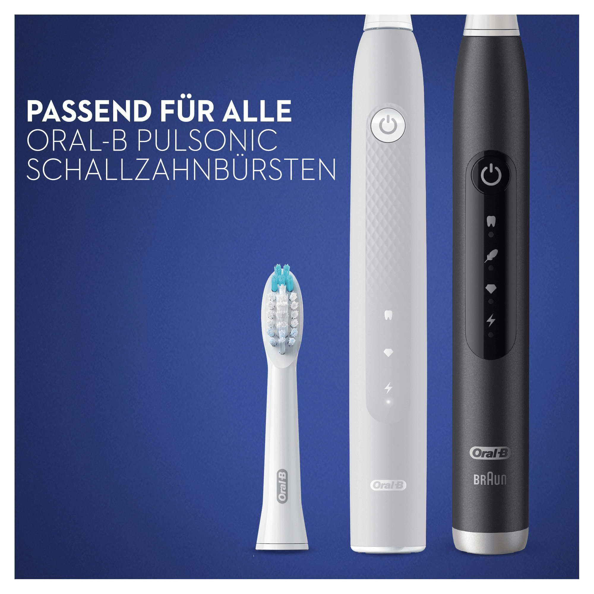 Drei weiße und schwarze elektrische Zahnbürsten und ein Bürstenkopf mit Text zur Kompatibilität.