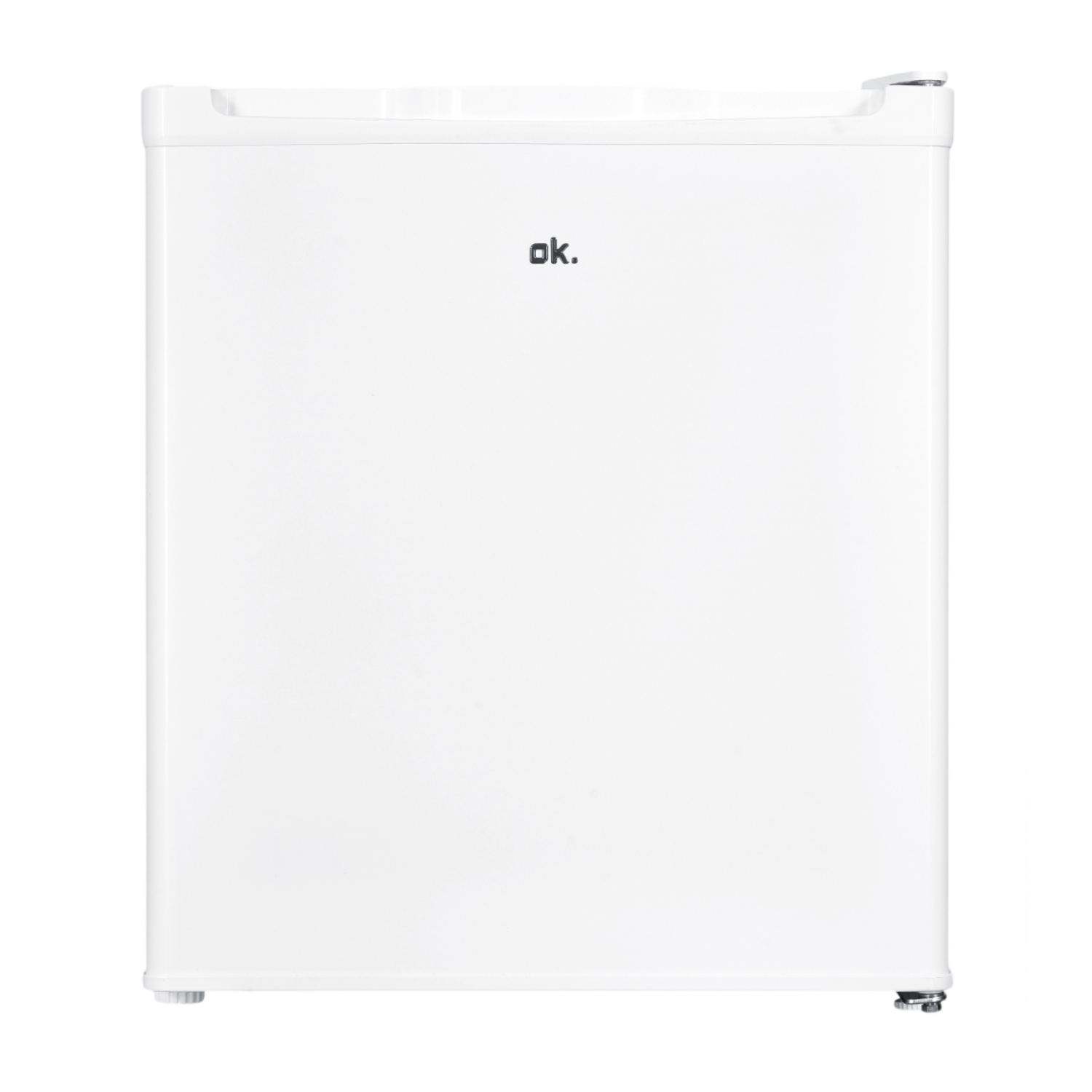 A white mini-fridge with the word "ok." on the front, against a black background.
