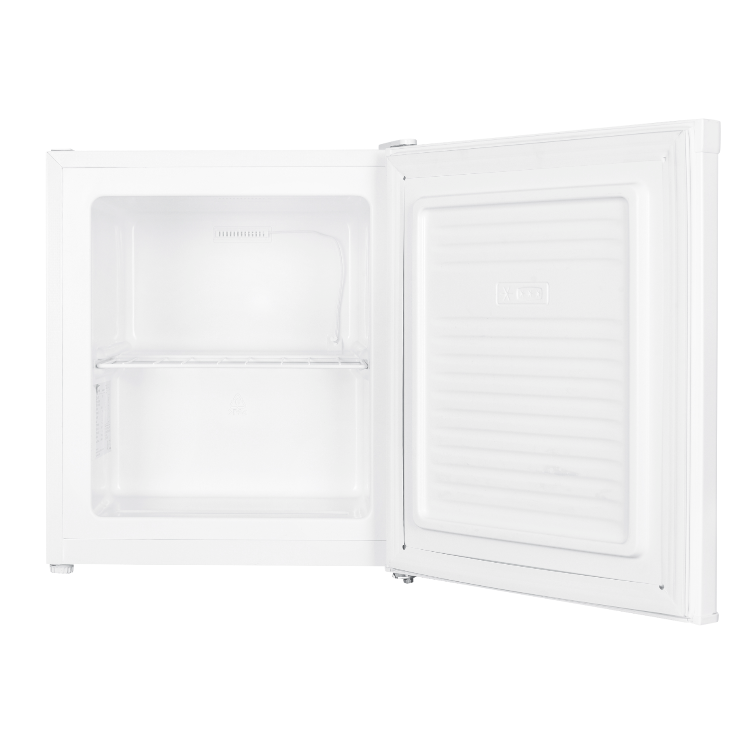 White refrigerator with the door open. There are two shelves inside.