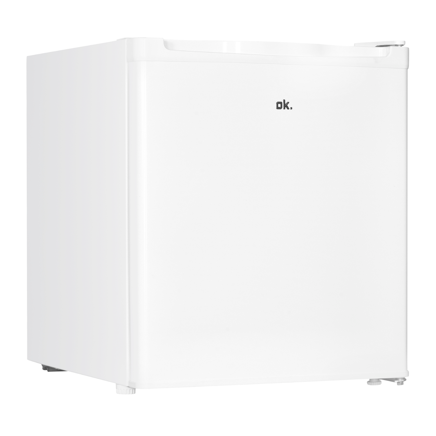 A white mini-fridge is shown. The brand name ok. is visible on the upper right corner.