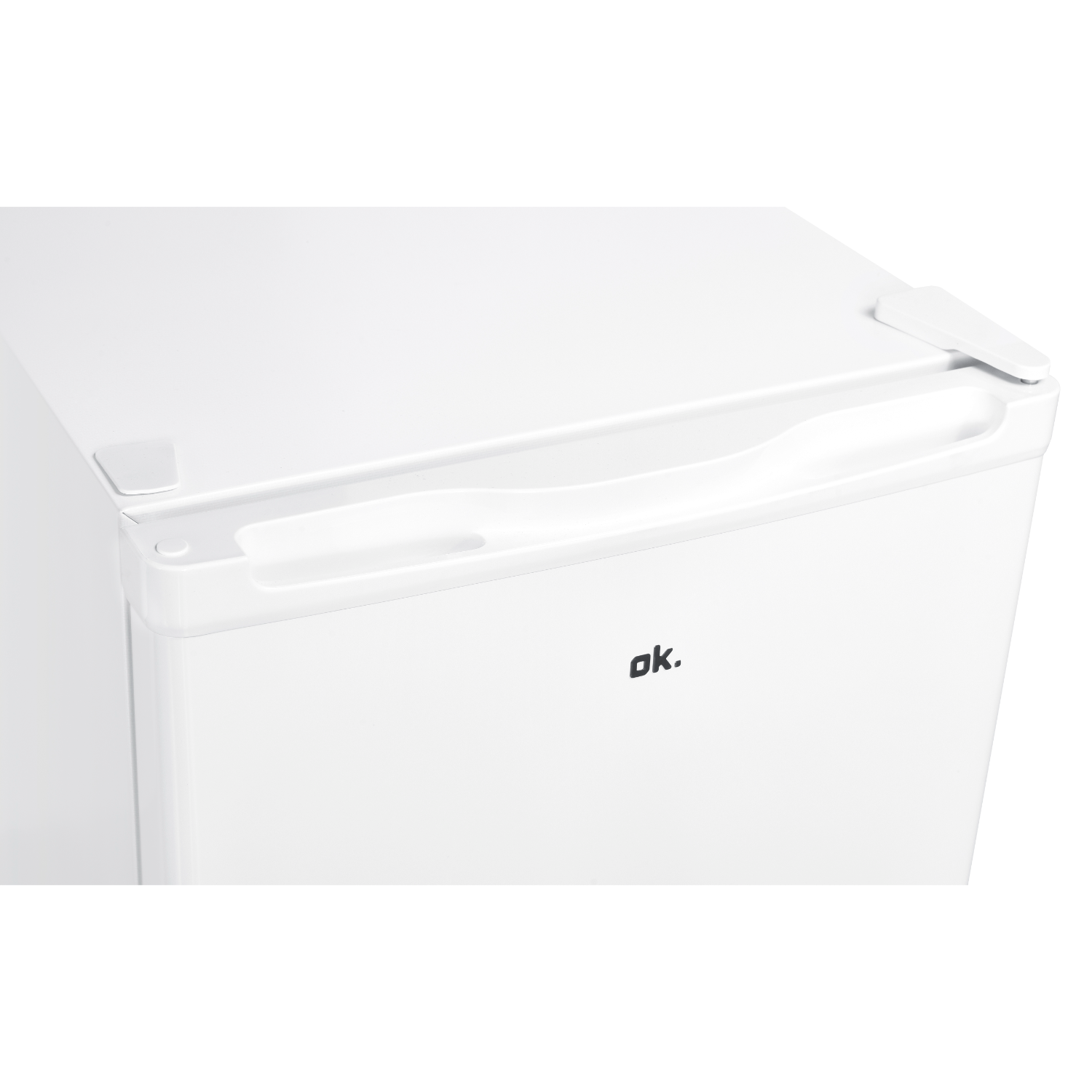 White mini-fridge with a handle on top. The brand name 'ok.' is printed on the door.