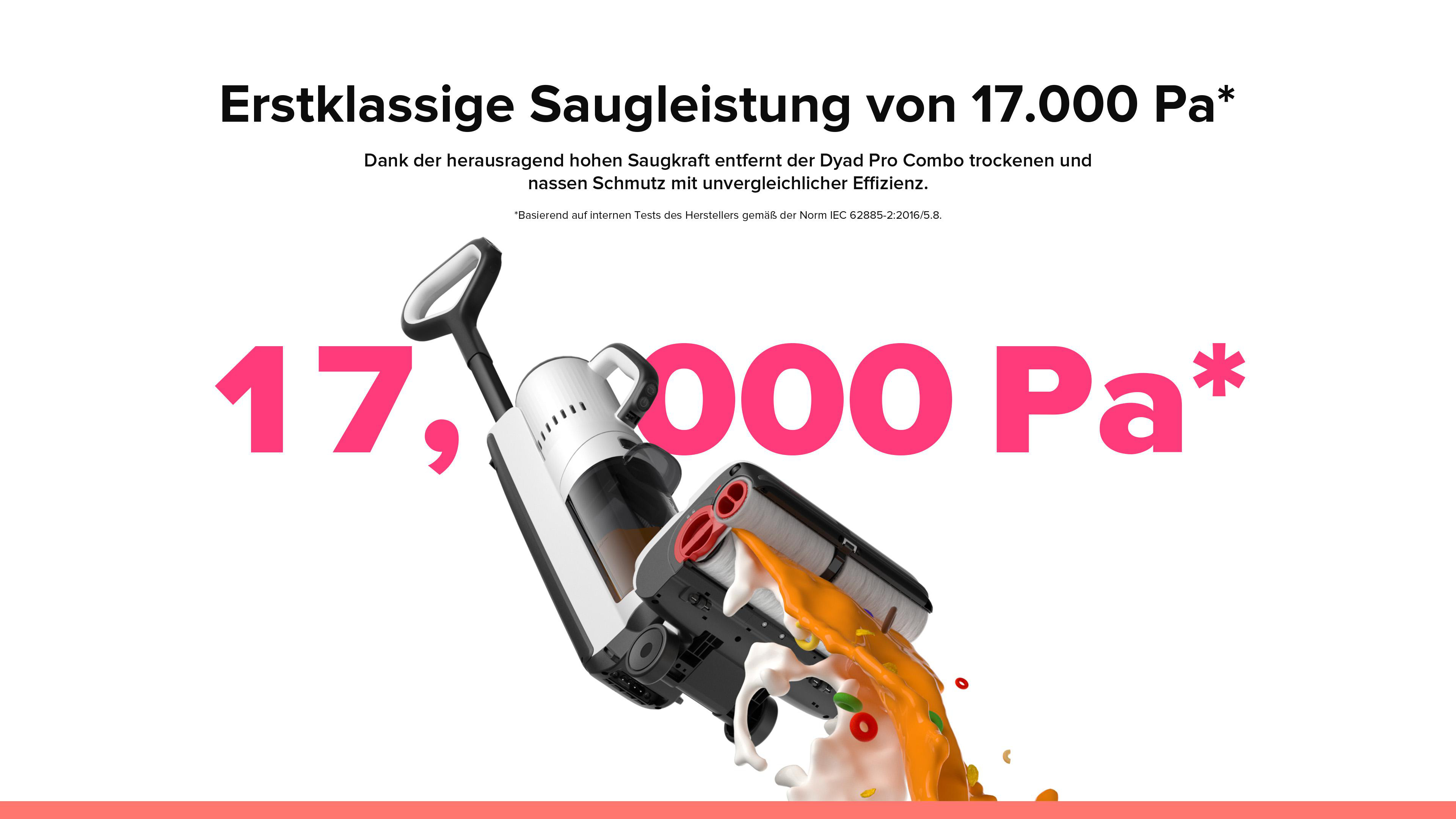 Ein Bild, das einen Staubsauger zeigt, der eine Verschüttung reinigt, mit Text, der 17.000 Pa lautet.