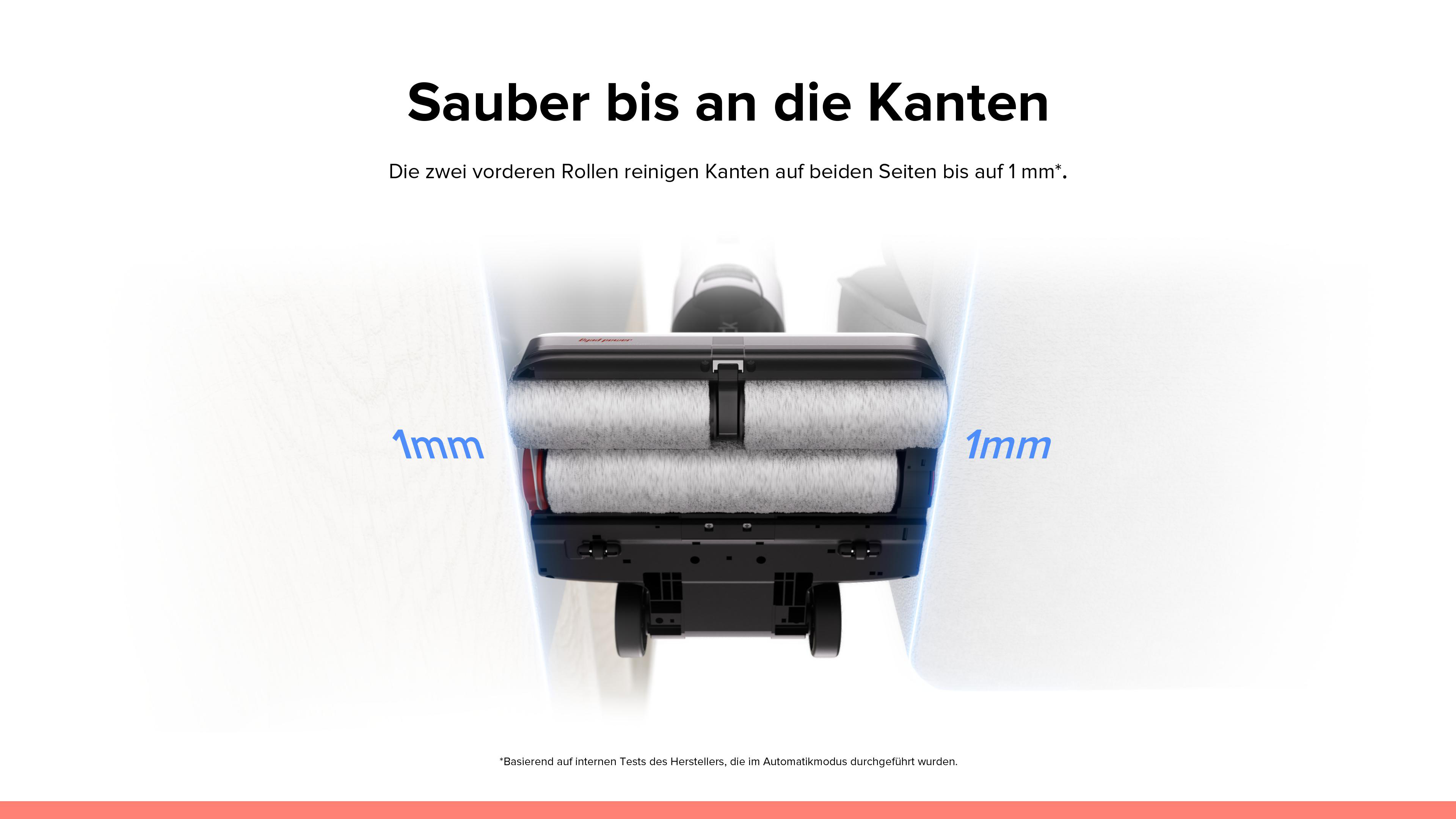 Staubsaugerkopf reinigt zwischen zwei weißen Oberflächen. Text: 'Bis an die Kanten sauber'.