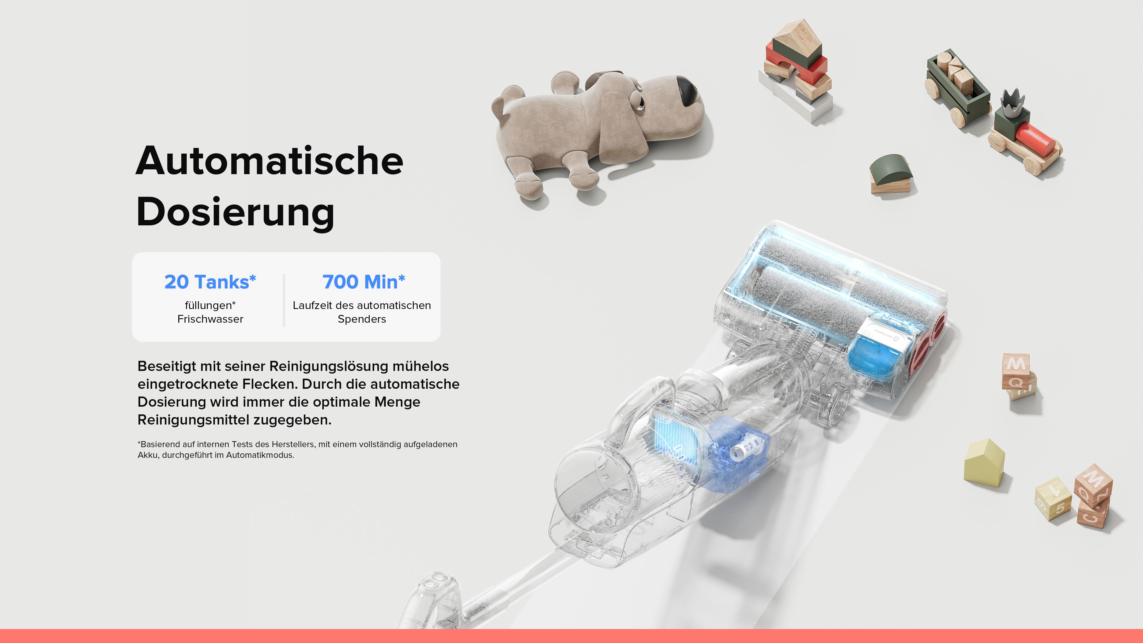Diagramm eines Reinigungsroboters mit Text über automatische Dosierung und Spielzeug daneben.