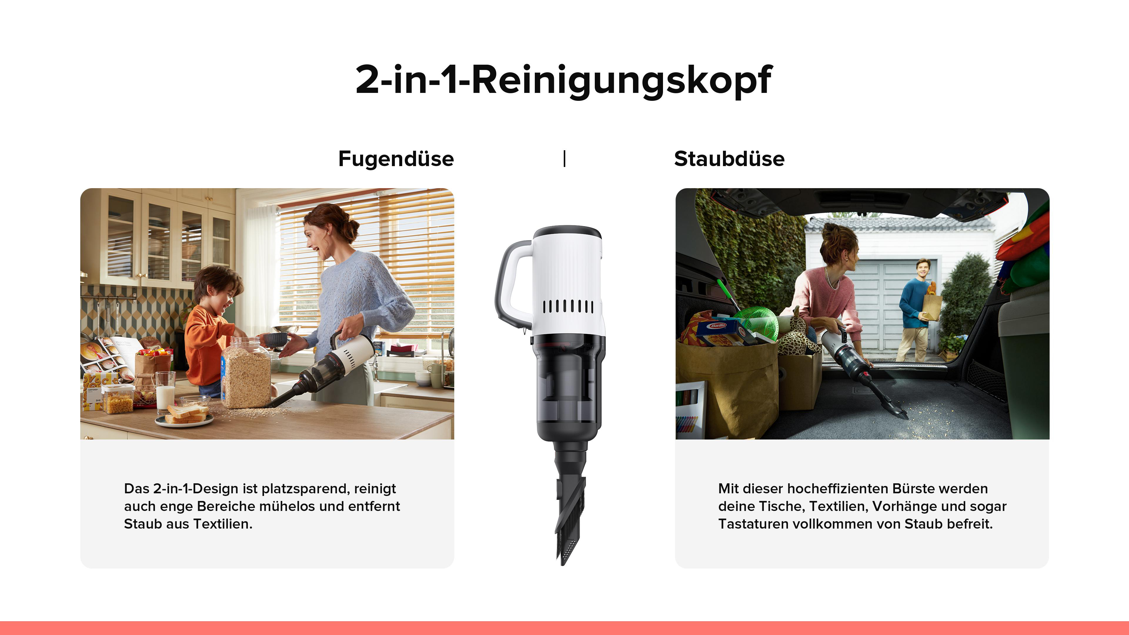 Staubsauger mit zwei austauschbaren Köpfen, einer für Ritzen und einer für Oberflächen.