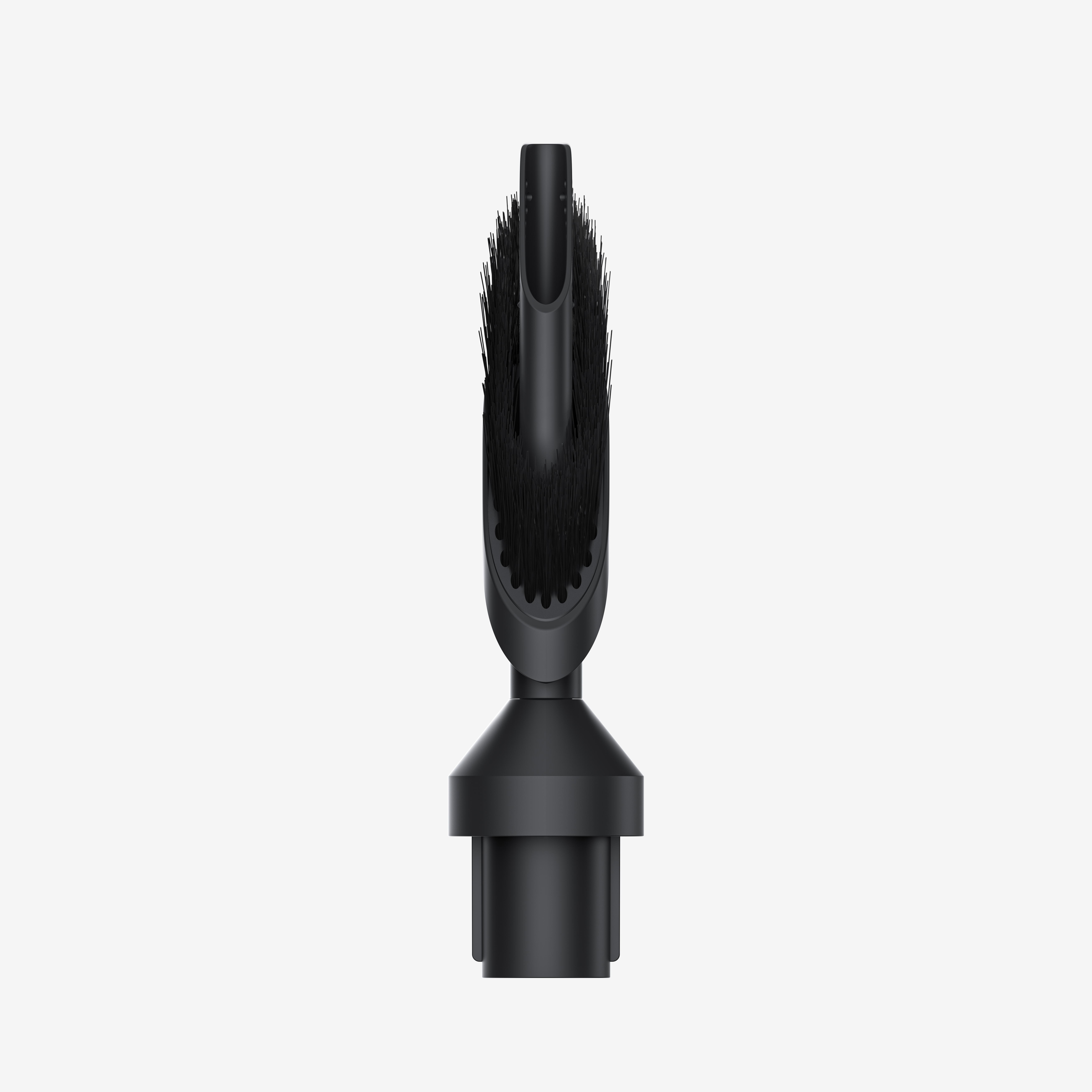 Soundbar, dunkelgrau mit abgerundeten Ecken. Hat Knöpfe oben und ein Holzmaserungsende.
