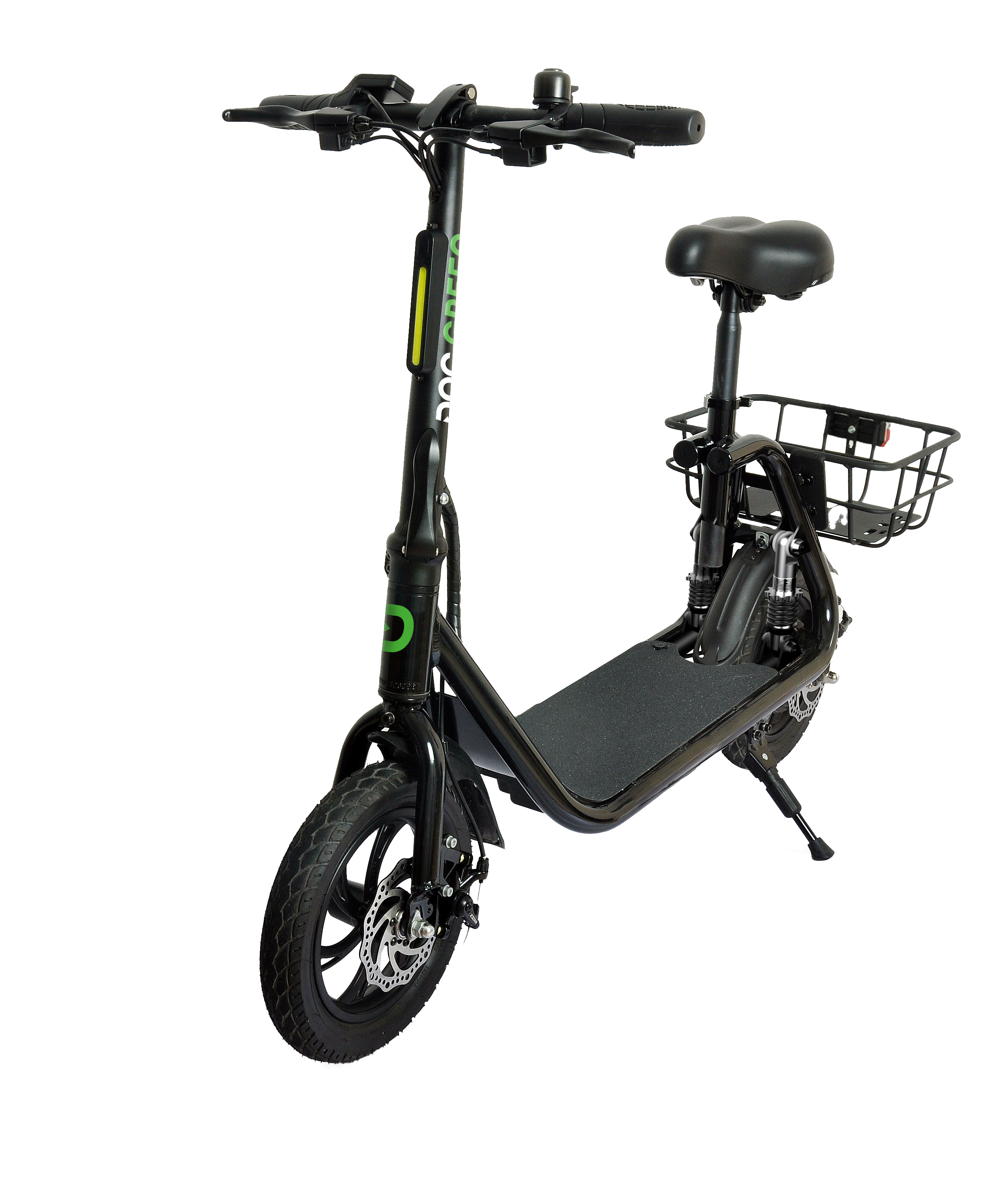 Schwarzer E-Scooter mit Sitz und Korb, auf schwarzem Hintergrund. Hat einen Lenker, ein Vorderrad und einen schwarzen Sitz.