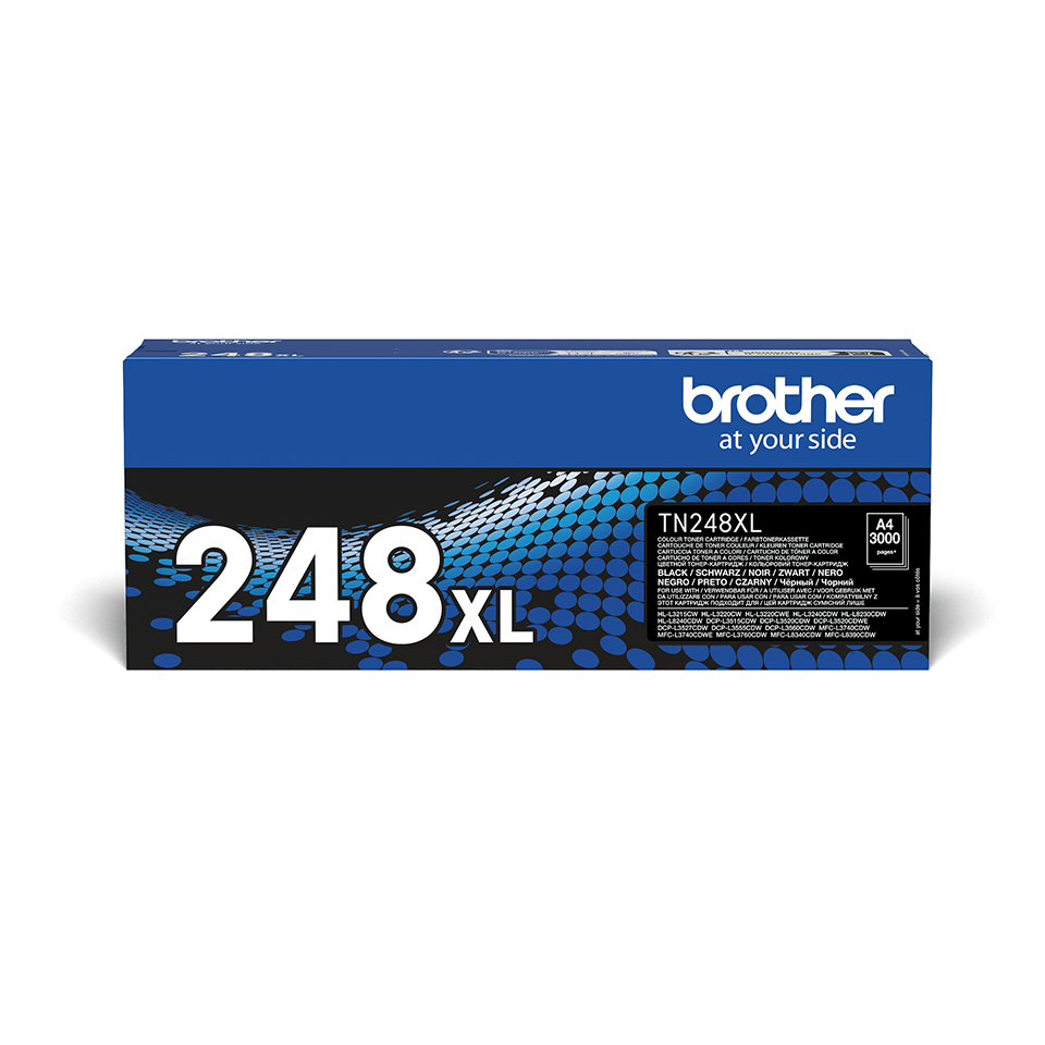 Eine schwarze und blaue Tonerkartuschenbox mit dem Text '248XL' und 'Brother at your side'.