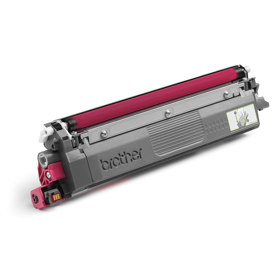 Eine Brother-Drucker-Tonerkartusche, grau mit pinkfarbenem Toner und einer pinkfarbenen Walze.