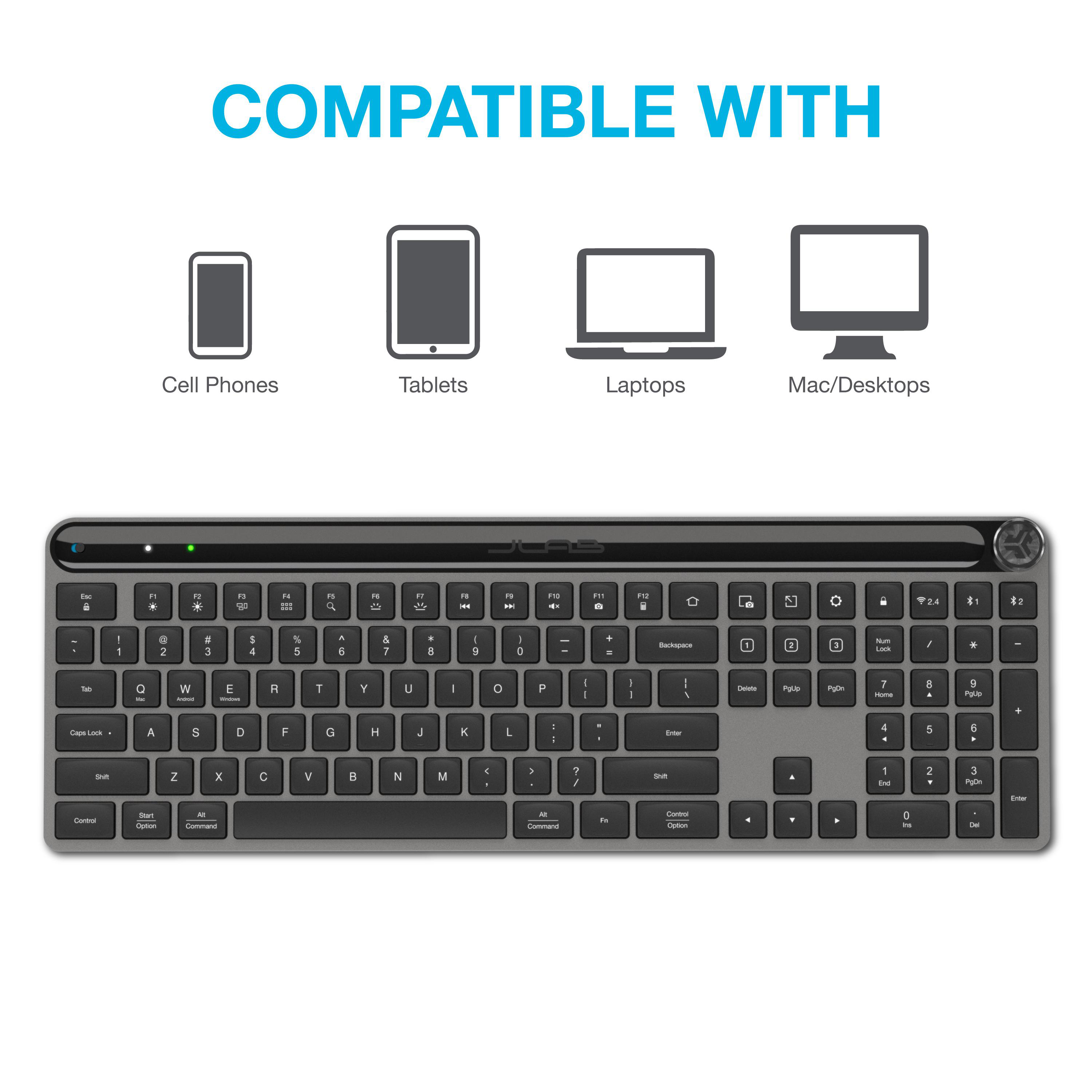 Eine Tastatur mit Symbolen für Telefon, Tablet, Laptop und Desktop über den Tasten, beschriftet mit 'Compatible With'.