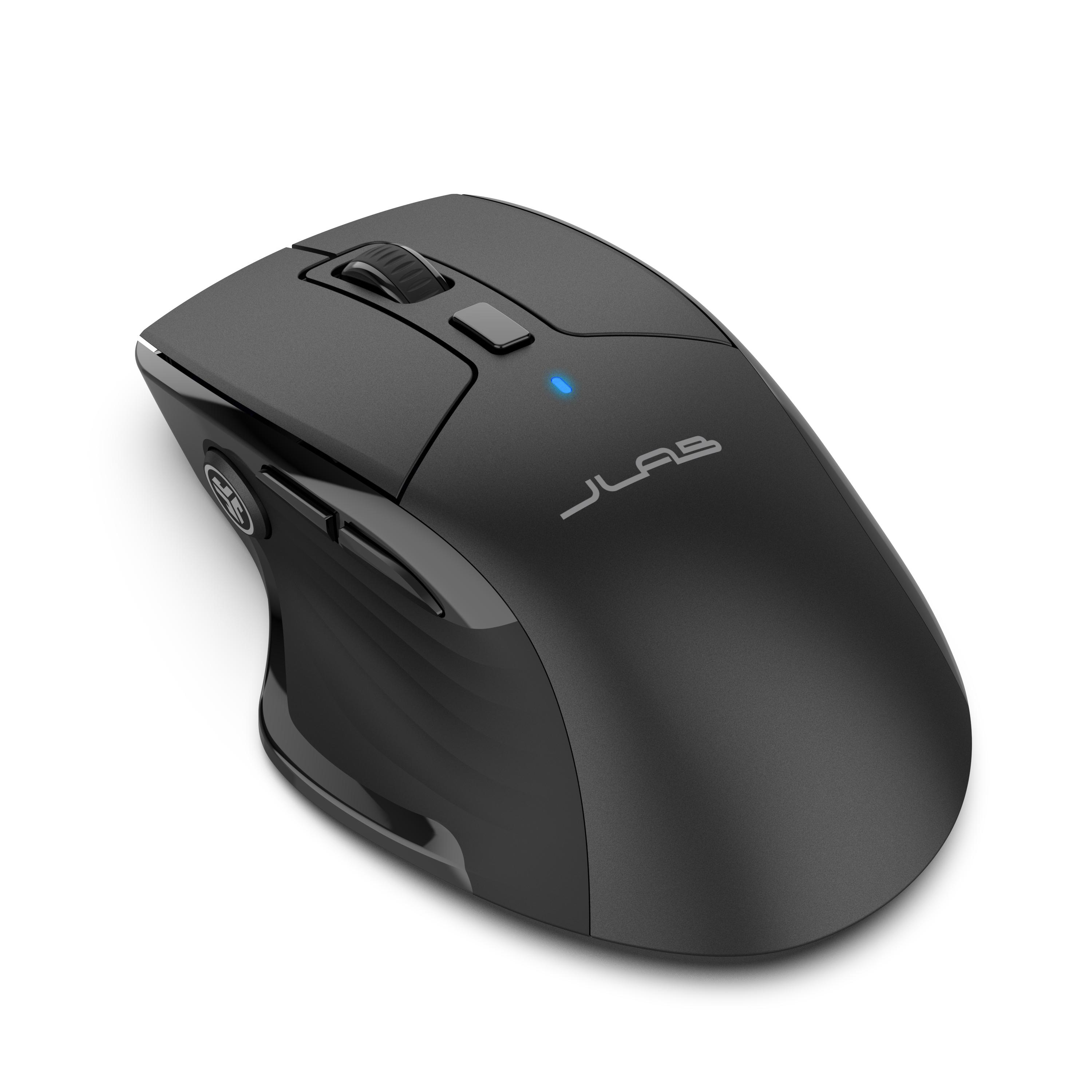 Schwarze kabellose Maus mit Scrollrad und JLab-Logo.