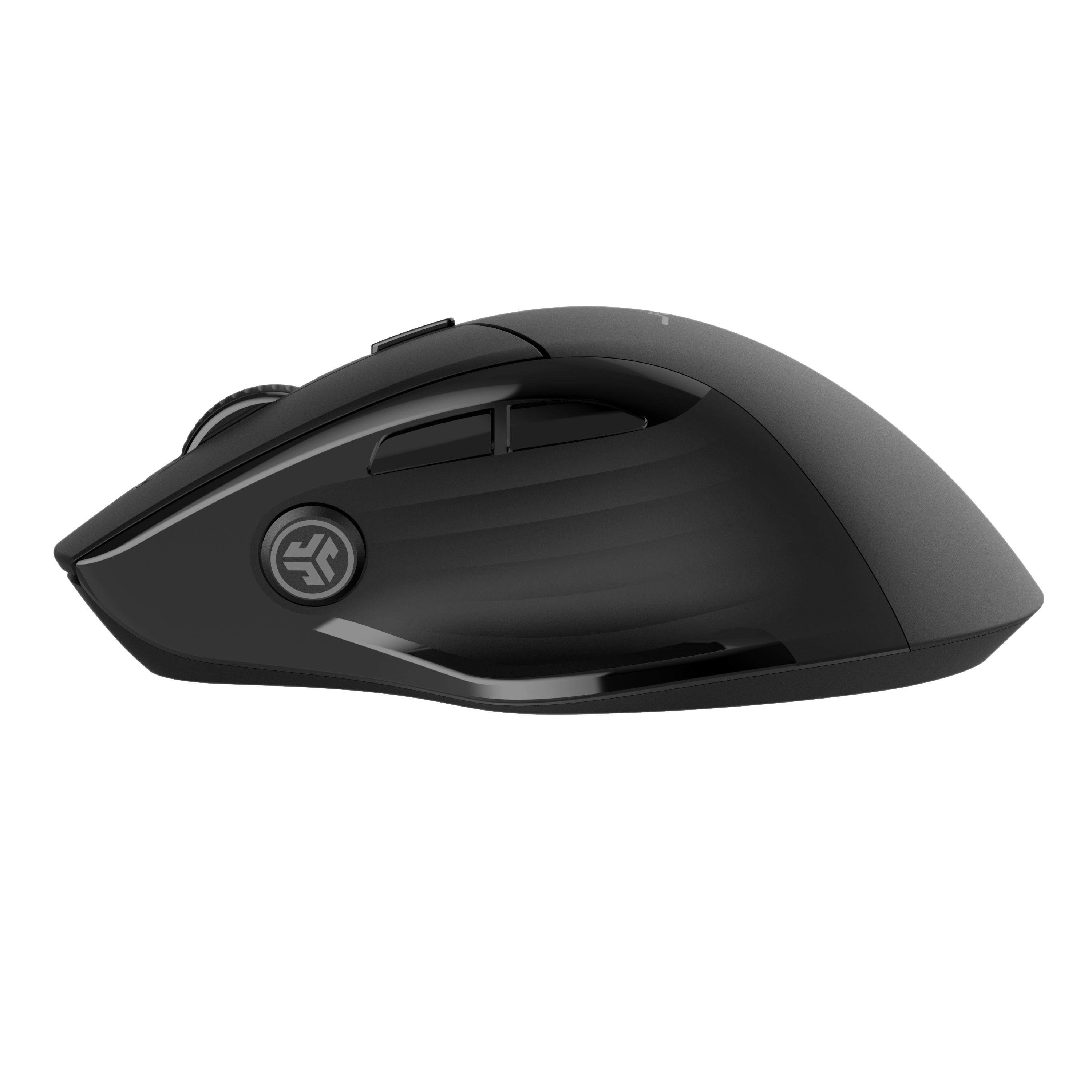 Schwarze ergonomische Maus. Sie hat ein Logo und eine glänzende Oberfläche. Der Hintergrund ist weiß.
