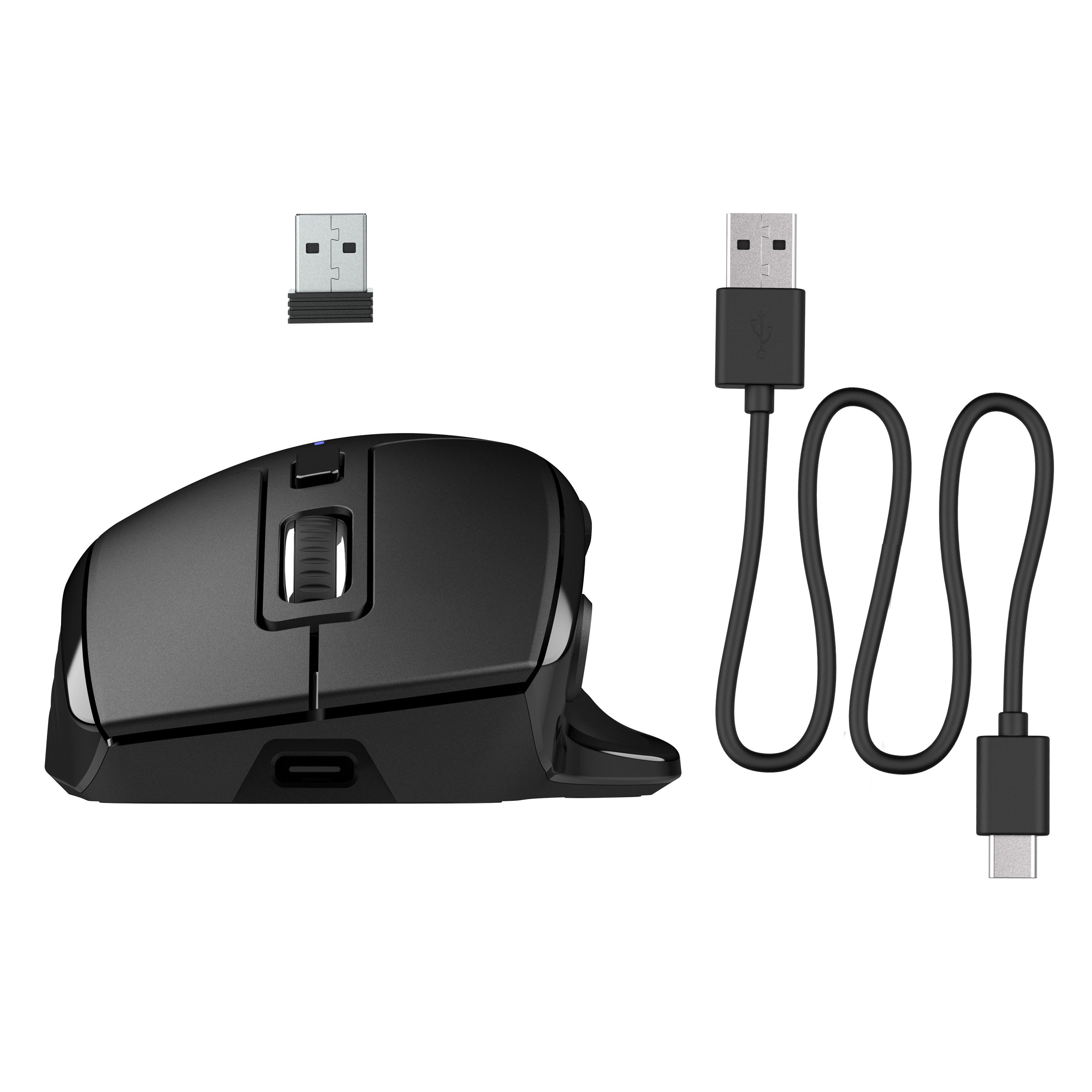 Schwarze drahtlose Maus mit USB-Dongle und USB-C-Kabel. Maus hat eine Daumenauflage.