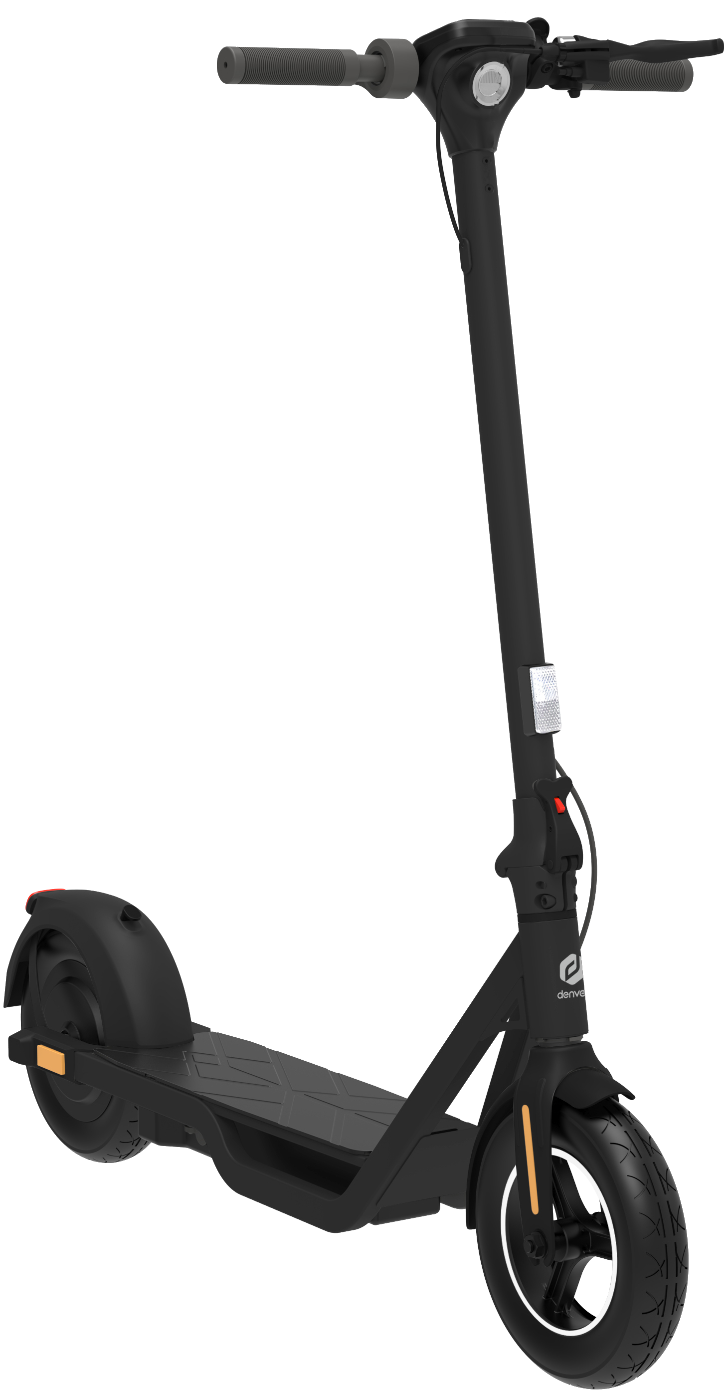 Schwarzer Elektroroller auf schwarzem Hintergrund. Der Roller hat einen Scheinwerfer und Rücklicht. Weißer Hintergrund.