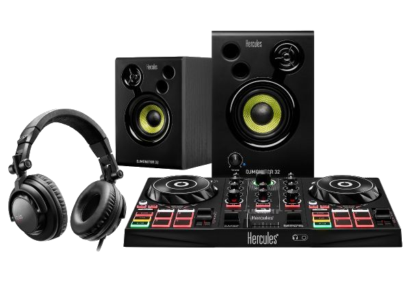 Ein DJ-Setup mit Kopfhörern, zwei Lautsprechern und einem Controller.