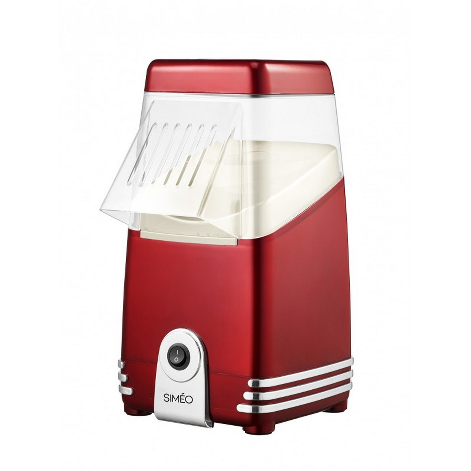 Red and white popcorn maker with a transparent lid.