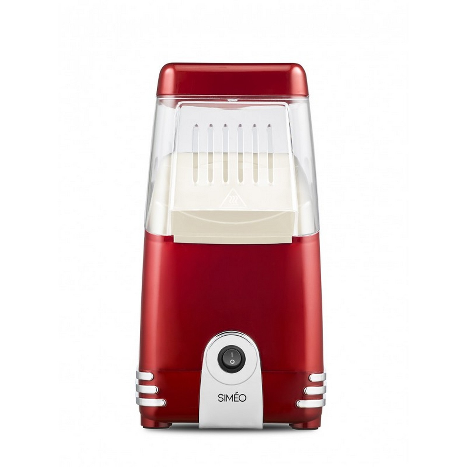 A red retro-style popcorn machine with a clear top section.