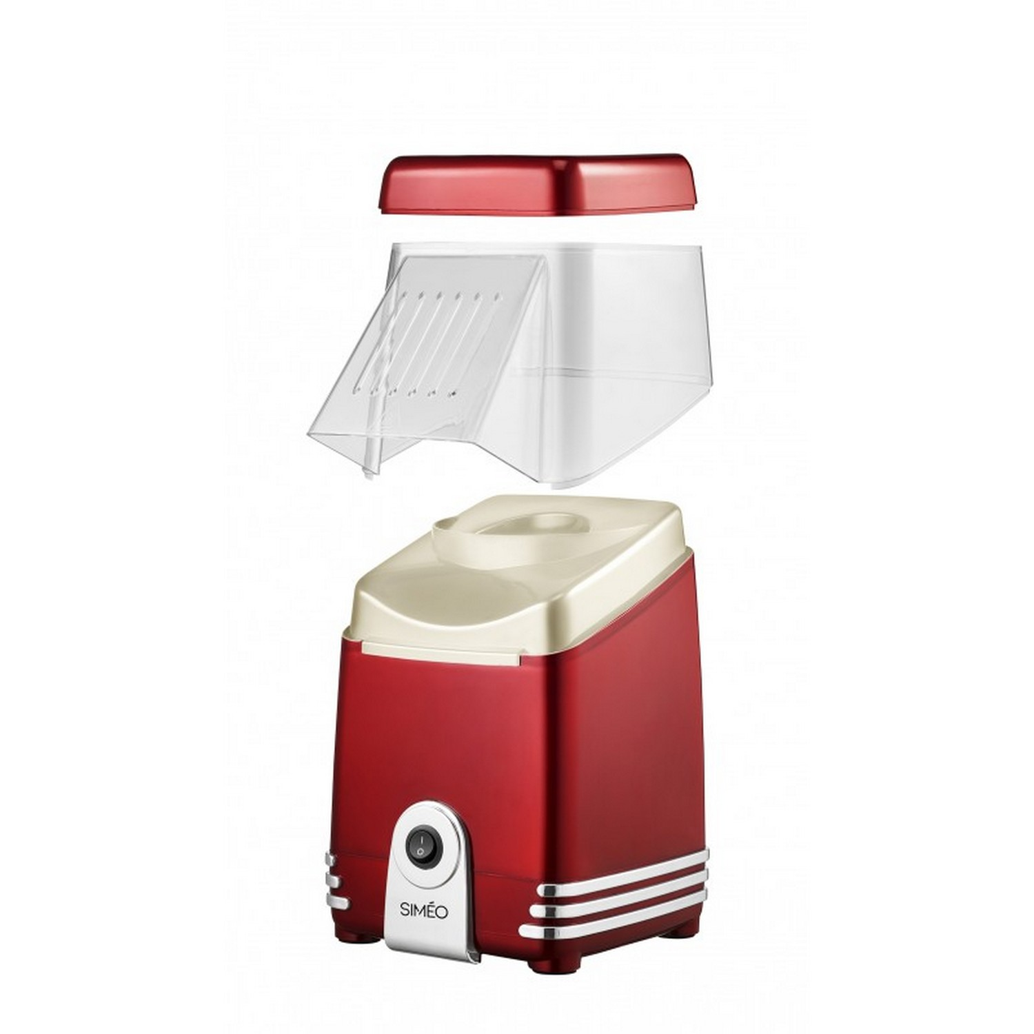 A red and white popcorn maker with three parts: base, middle and lid. The lid is open.