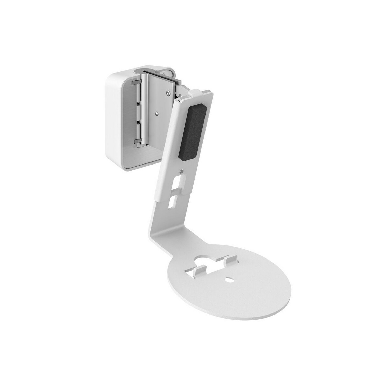 Witte wandbevestiging voor een luidspreker, met een gebogen arm en een cirkelvormige basis. Witte achtergrond.
