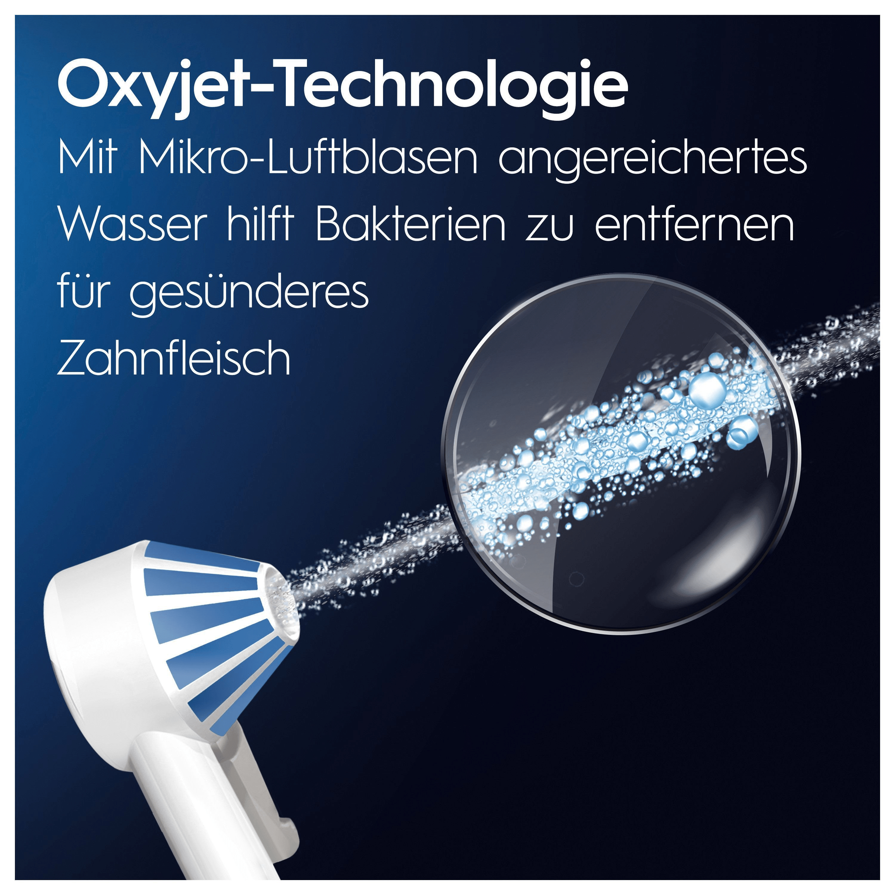 Weißes und blaues Gerät, mit einer Düse, die Wasser sprüht. Text: Oxyjet-Technologie, Mikroblasen.