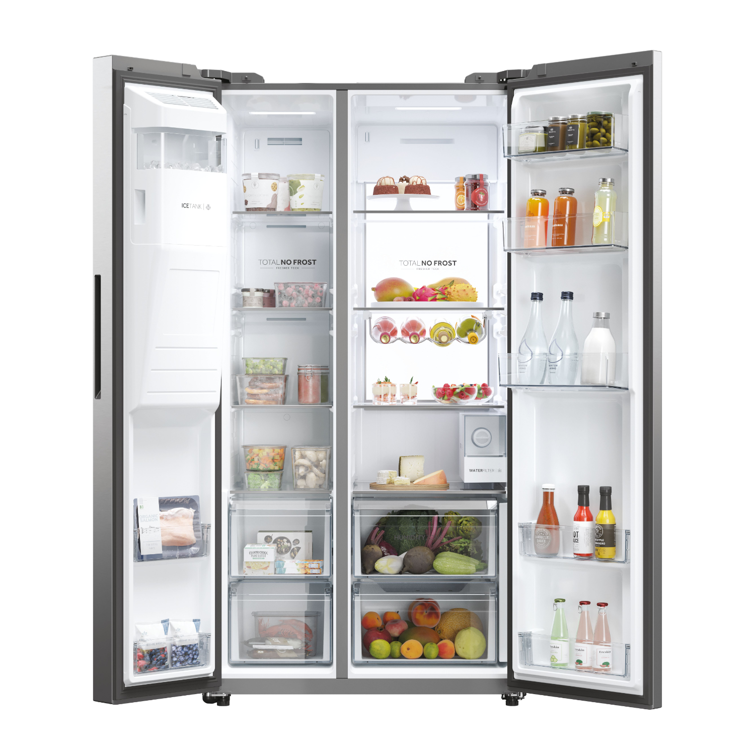 Opened refrigerator showing shelves with food items.