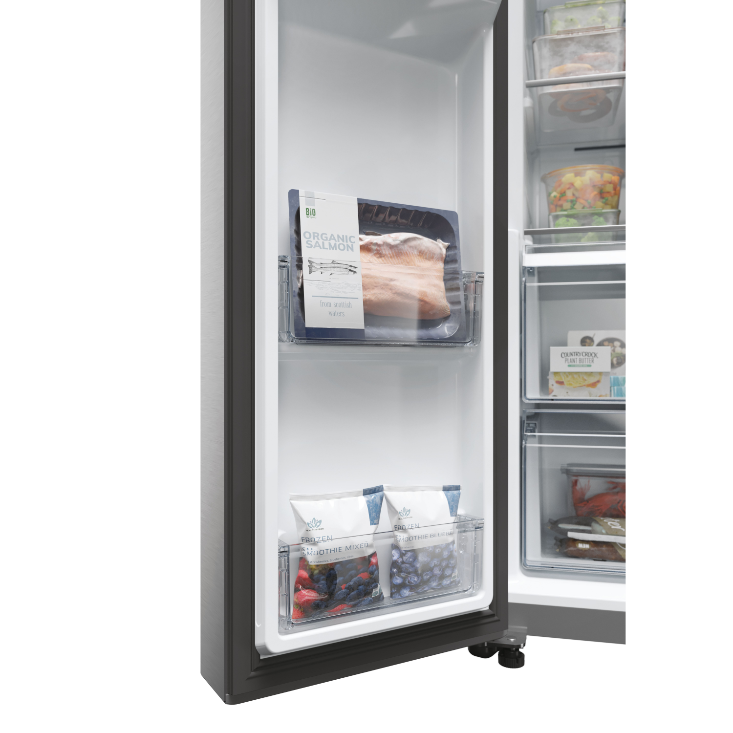 Inside a refrigerator: salmon and mixed berries in clear containers, neatly organized.