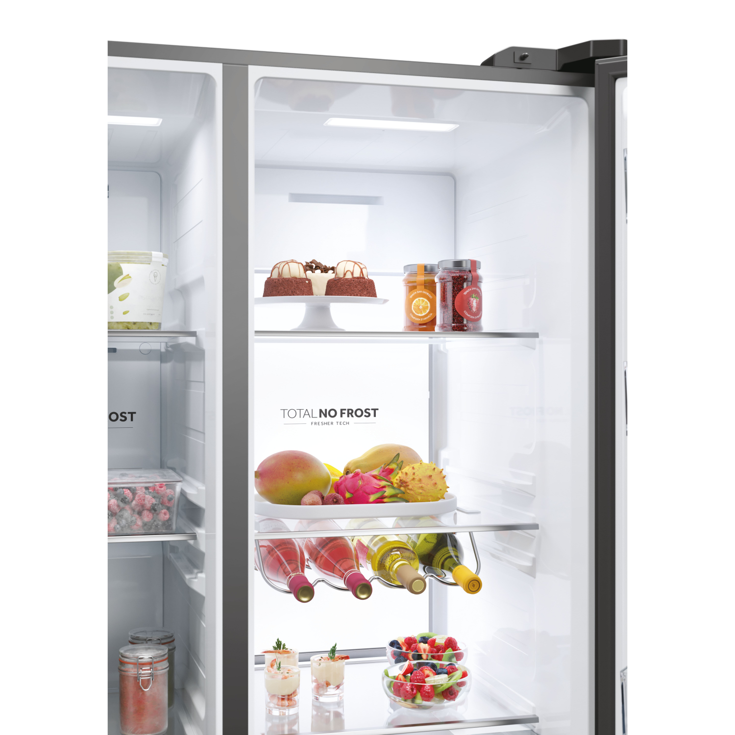 Refrigerator interior. Shelves with food: cake, jars, fruits, and wine bottles. Grey and white.