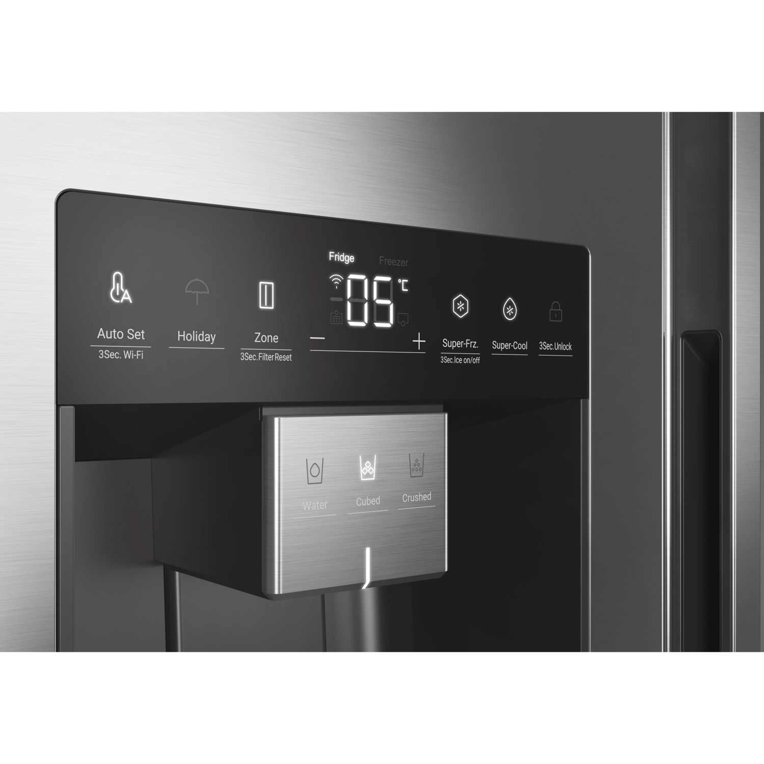 Close-up of a refrigerator control panel. Displays temperature, settings and water dispenser options.