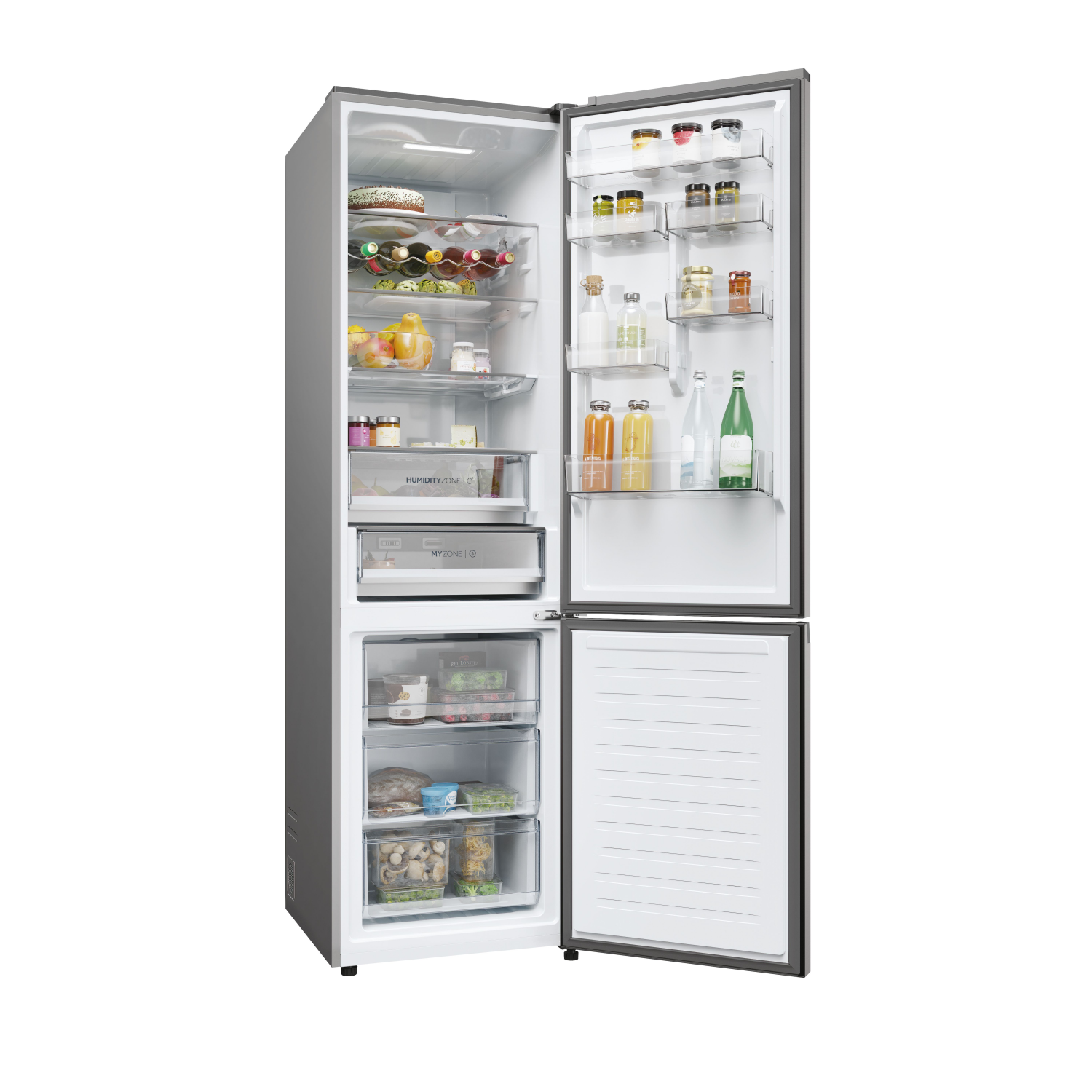 Interior of a refrigerator with the door open, filled with food items.