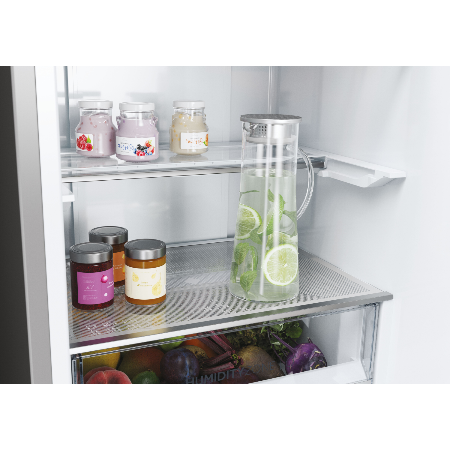 Refrigerator interior with jars and a water jug. Jars of yogurt and jam are visible.