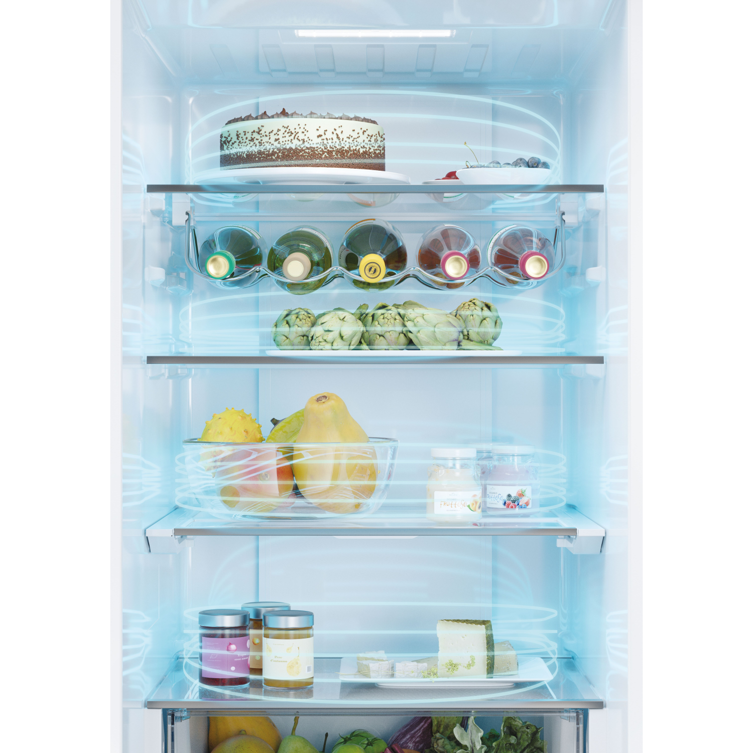 Refrigerator interior with shelves of food, including cake, wine, and fruit.