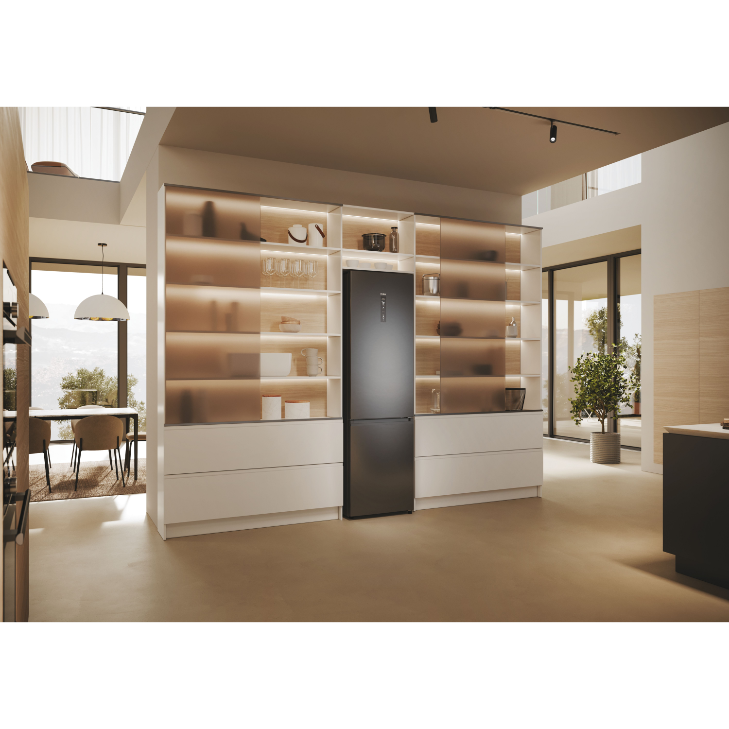 Modern kitchen with cabinets, a refrigerator, and decor. Bright, spacious and clean.