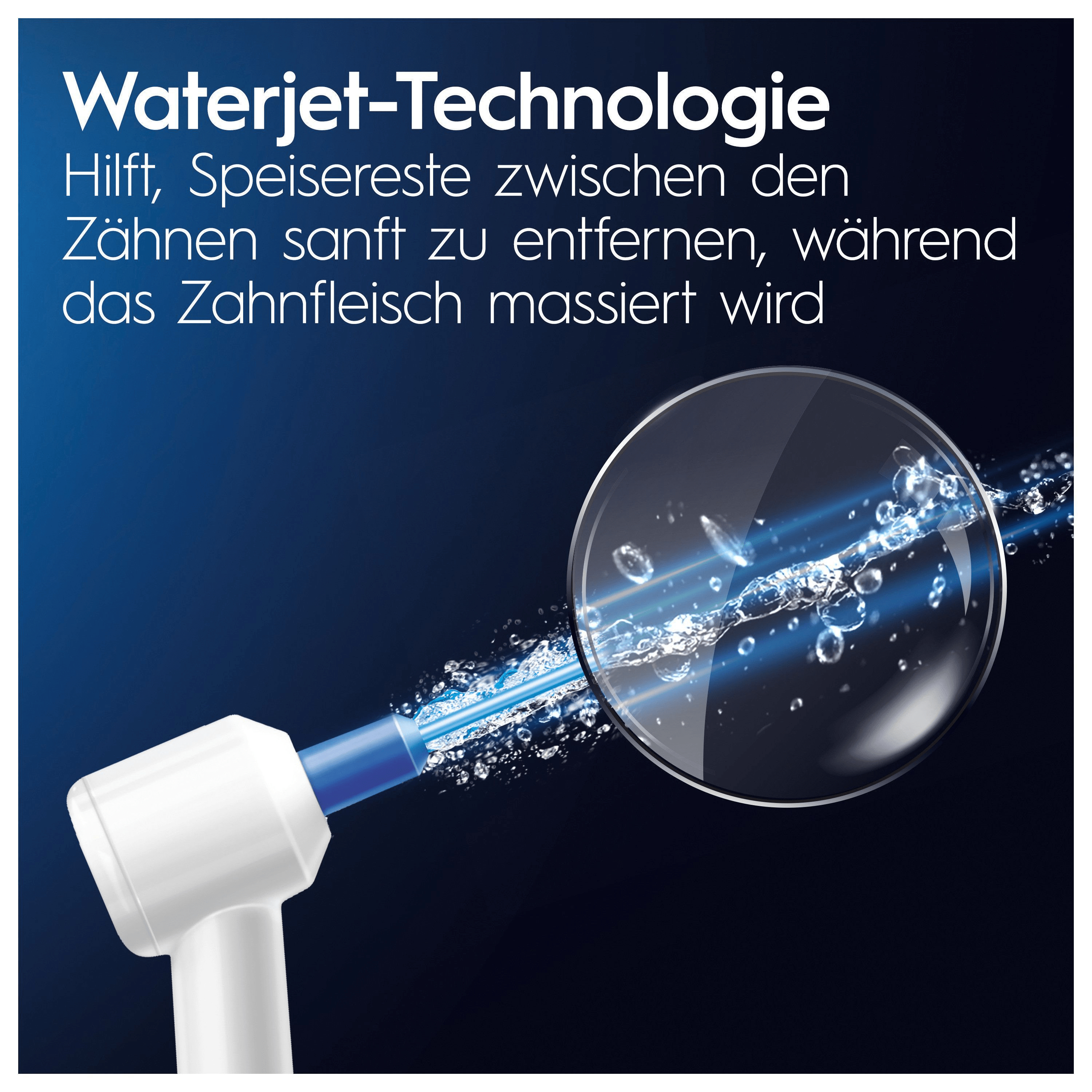 Nahaufnahme eines Wasser-Flossers. Der Text deutet darauf hin, dass die Wasserstrahltechnologie zwischen den Zähnen reinigt.