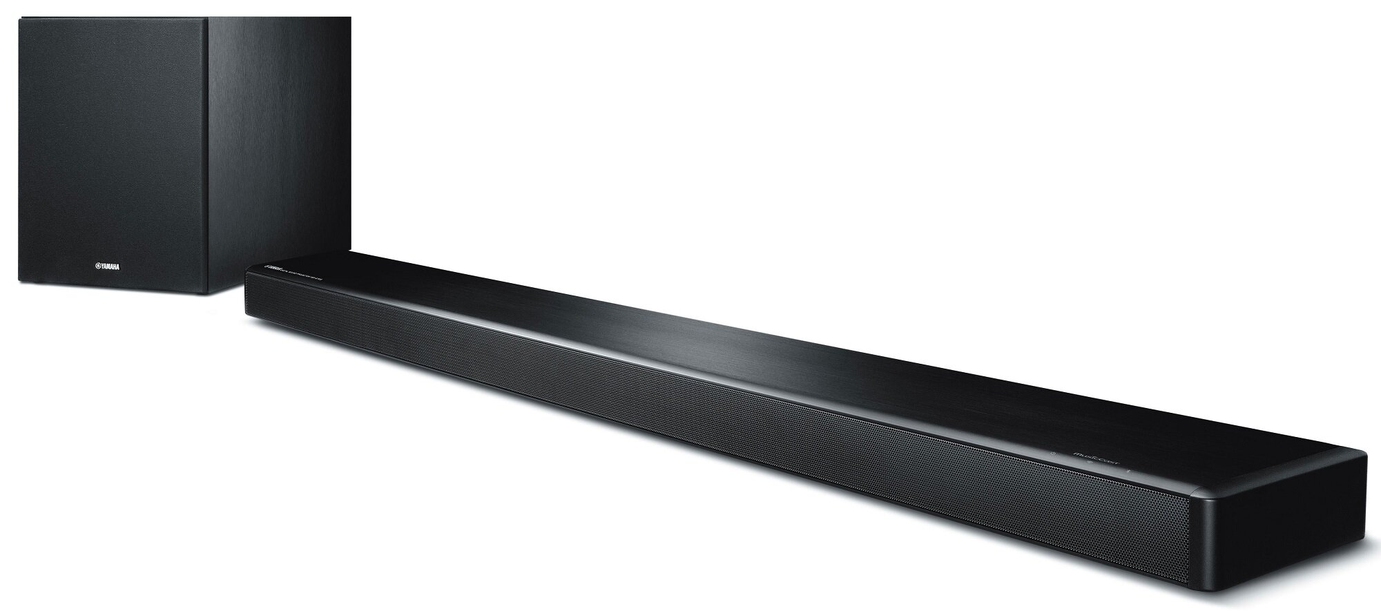 Czarny soundbar Yamaha i zestaw subwoofera. Soundbar jest długi i prostokątny.