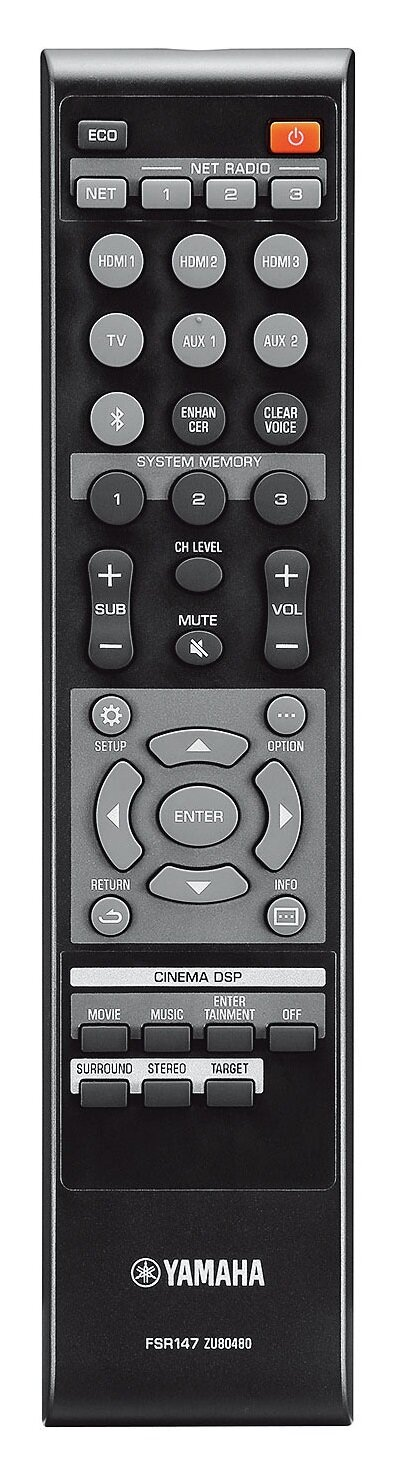 Czarny pilot Yamaha z wieloma przyciskami. U góry znajdują się przyciski zasilania i radia sieciowego.