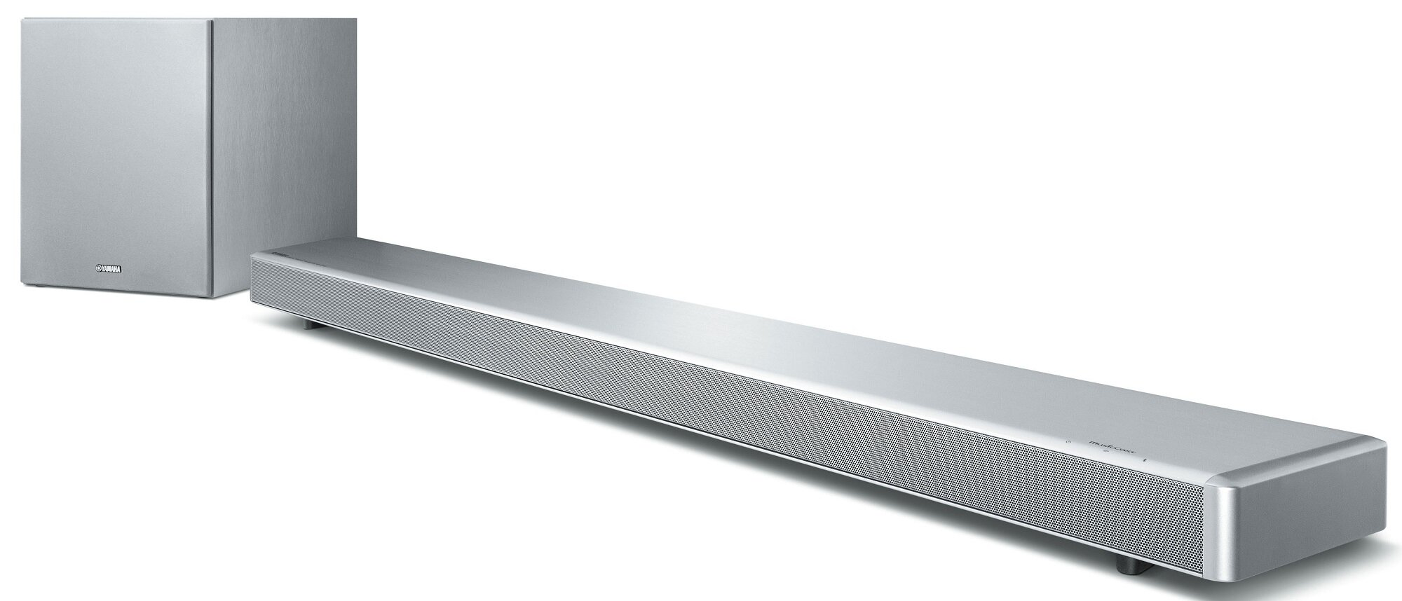 Srebrny soundbar i subwoofer na białym tle.