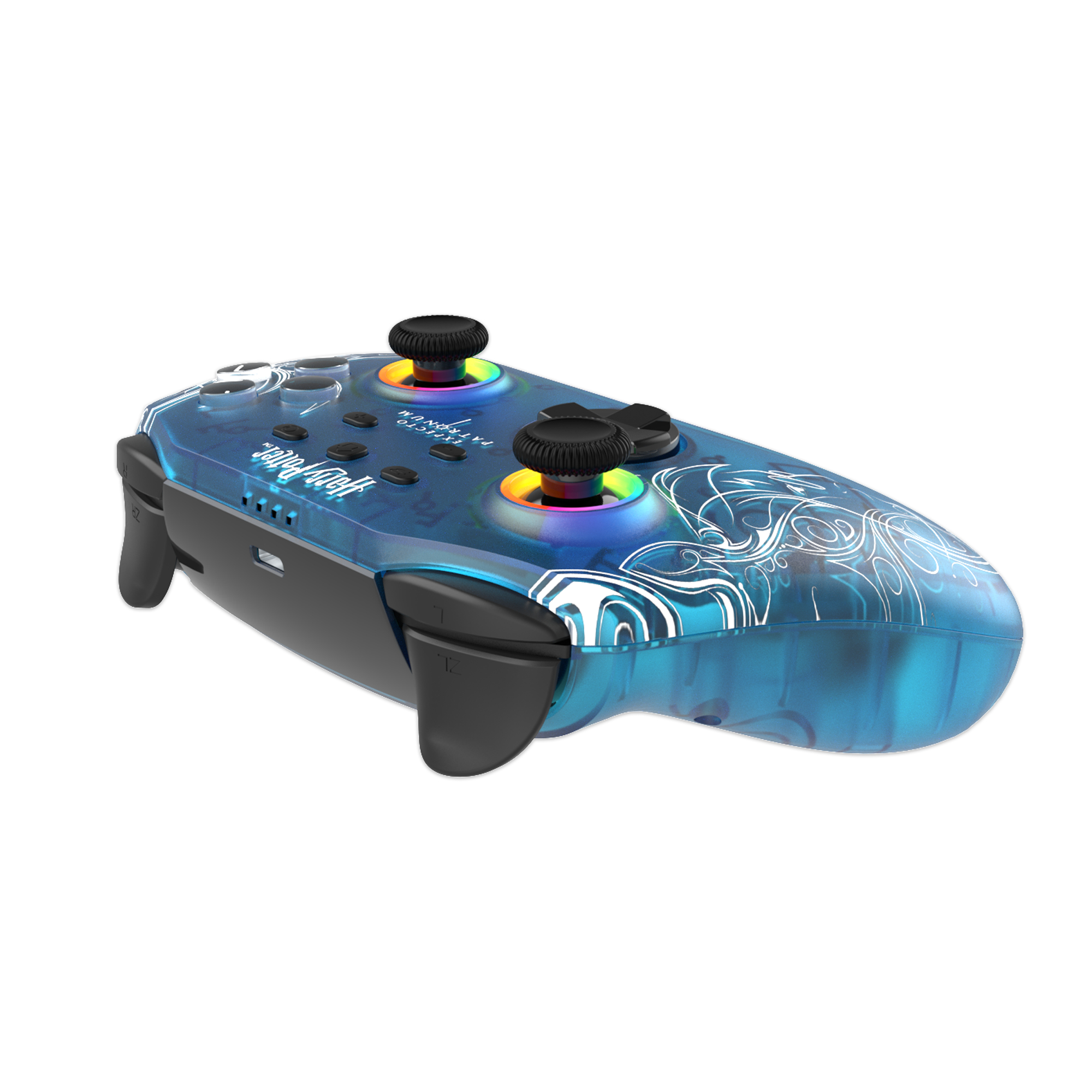 Ein blaues Harry-Potter-Gamecontroller mit bunten Tasten.