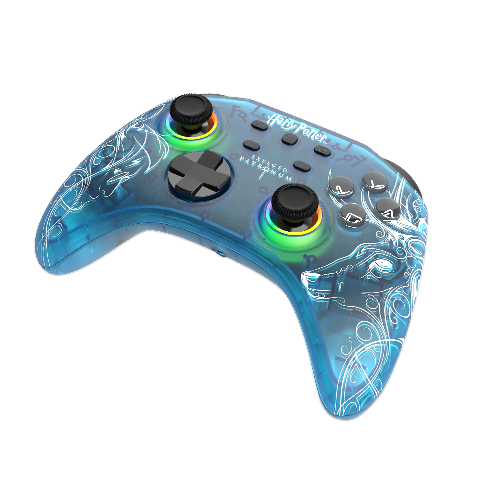 Blauer Harry Potter-Controller mit weißen Designs und schwarzen Joysticks und Tasten.