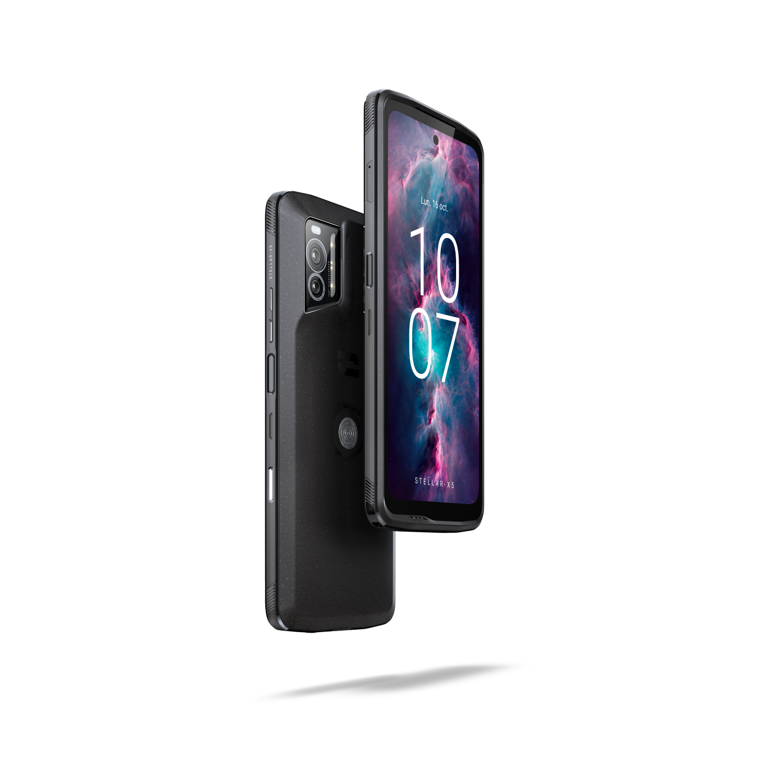 Twee zwarte smartphones op een donkere achtergrond. Eén toont een datum en paarse achtergrond.