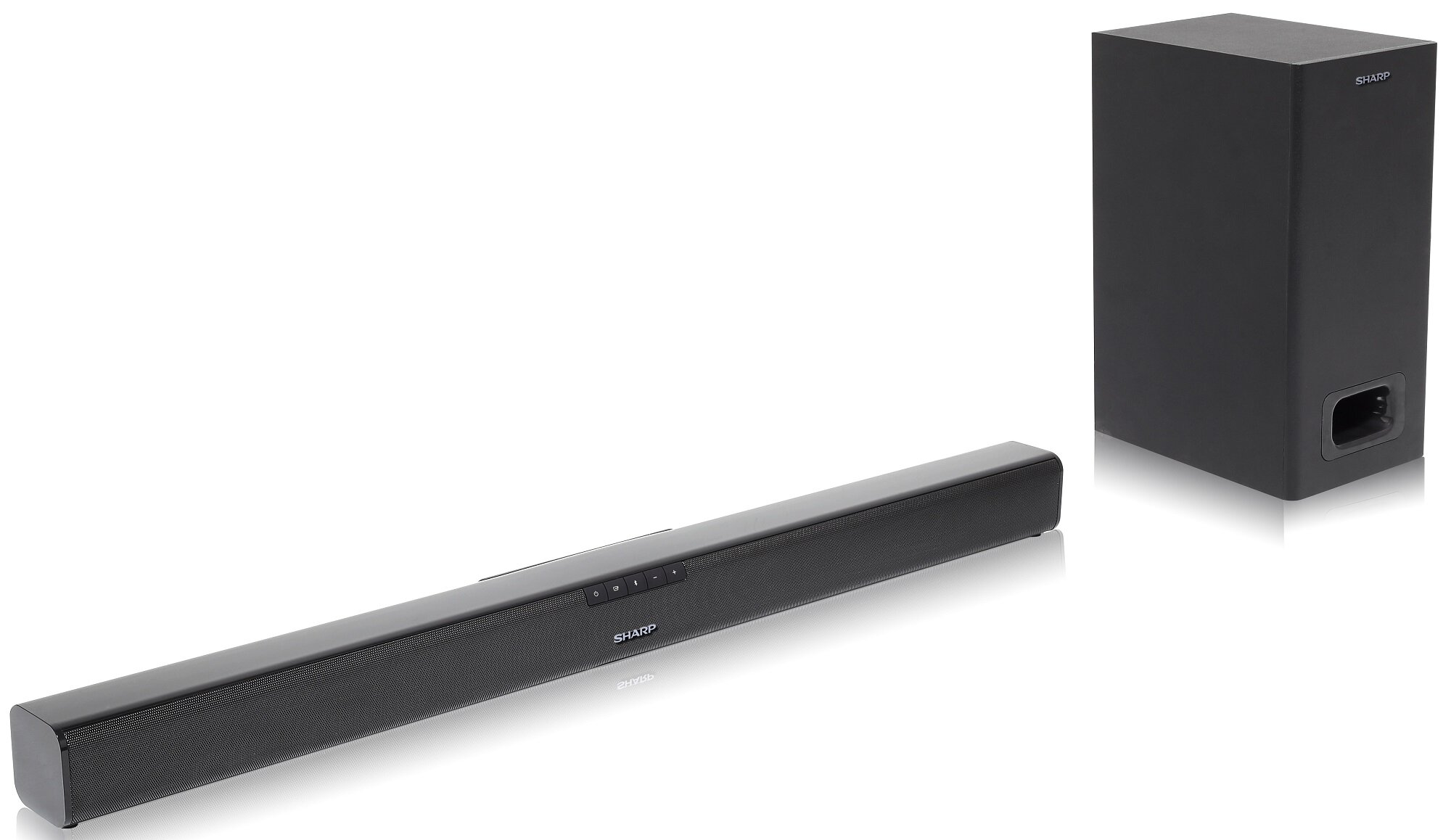Czarny soundbar i subwoofer Sharp na białym tle. Soundbar jest długi i prostokątny. Subwoofer to pudełko.