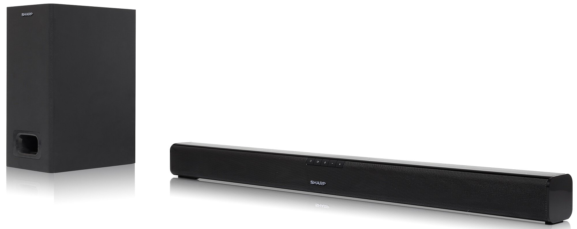 Czarny soundbar i subwoofer Sharp. Soundbar jest poziomy, a subwoofer to wysoki, pionowy prostokąt.