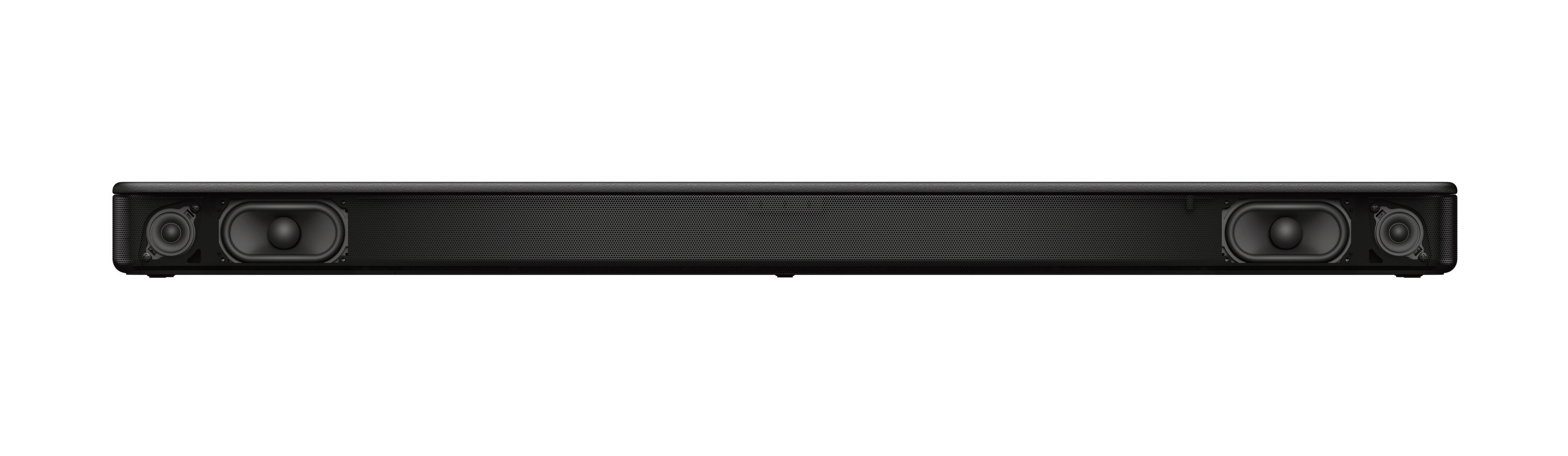 Czarny soundbar Sony, długi i prostokątny, z głośnikami na każdym końcu, na białym tle.
