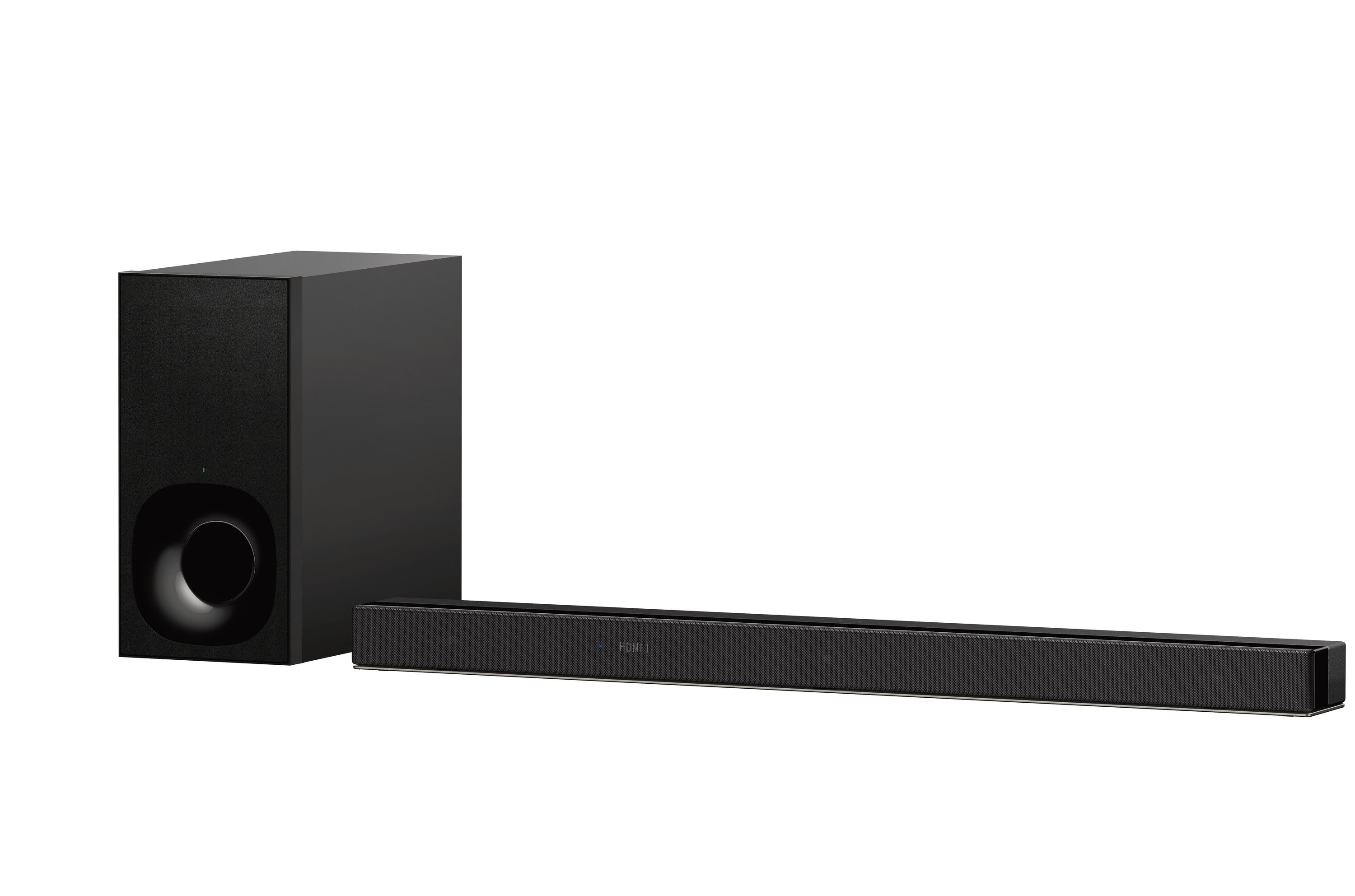 Czarny soundbar i subwoofer na białym tle.