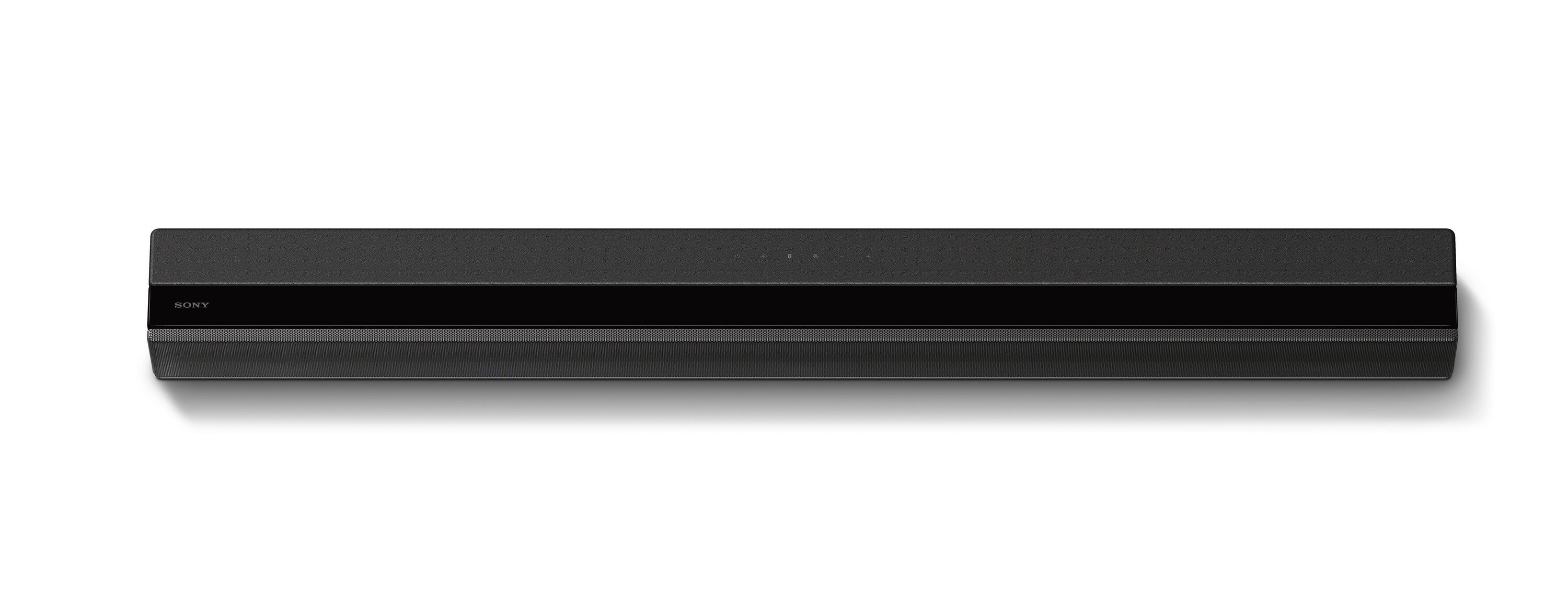 Czarny soundbar na białej powierzchni. Długi i prostokątny, z nazwą marki po lewej.