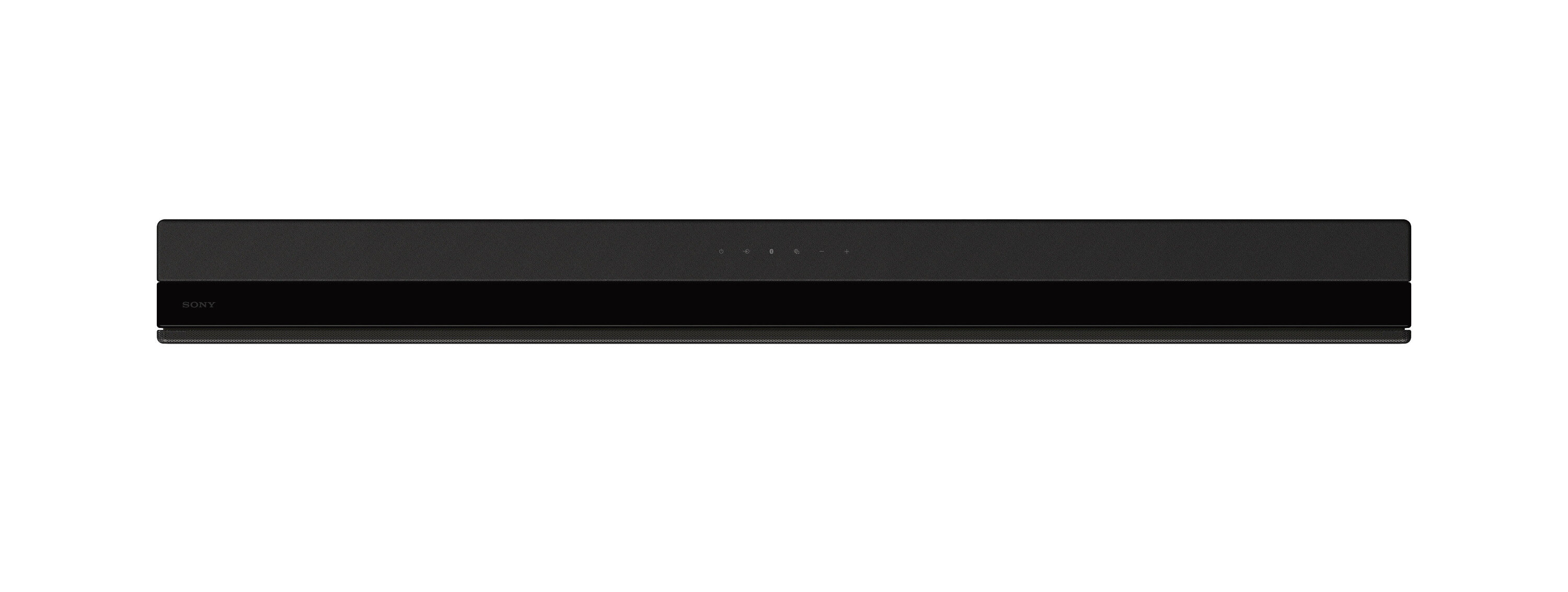 Czarny soundbar Sony na białym tle, o minimalistycznym designie.