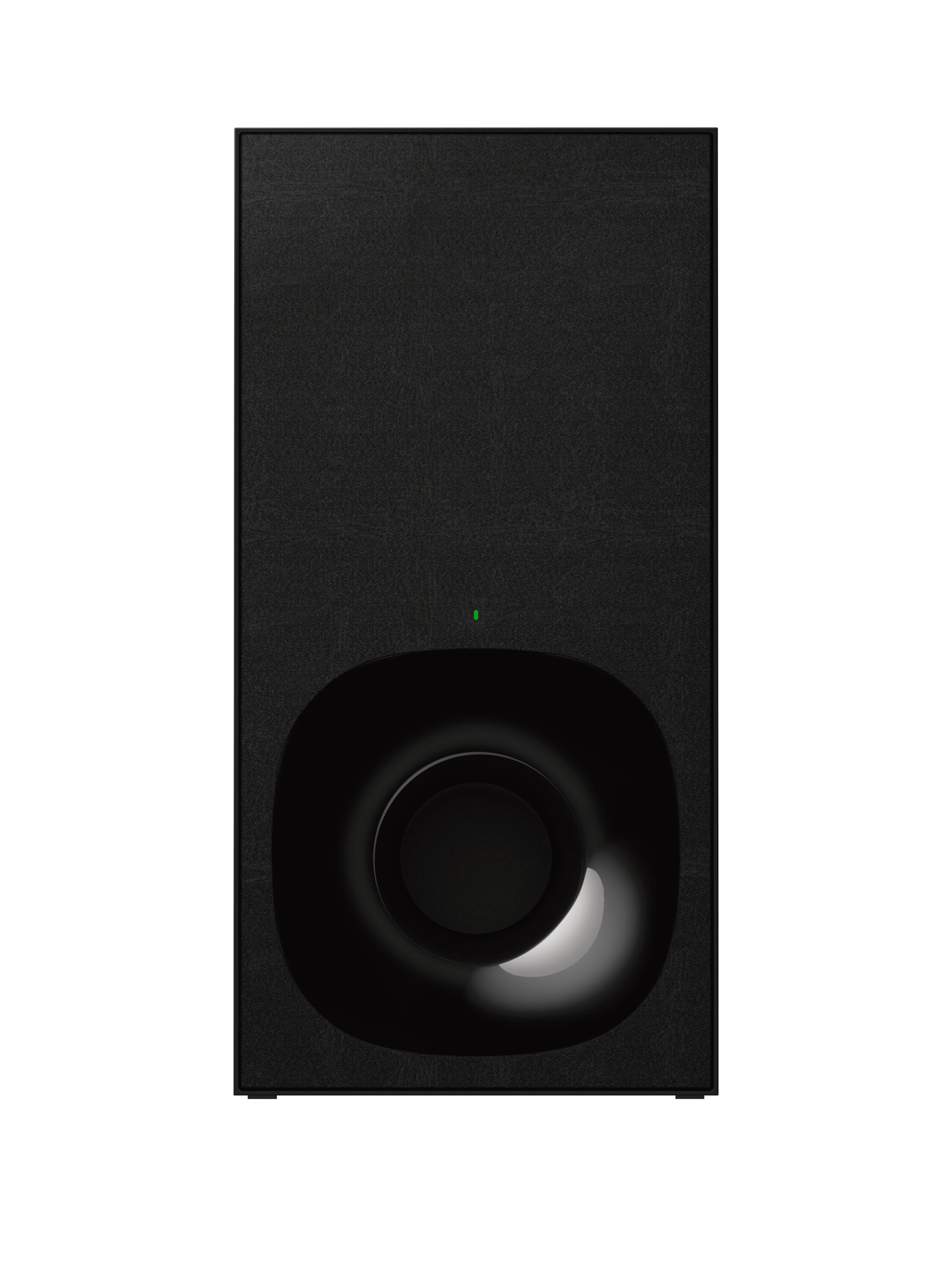 Czarny subwoofer z okrągłym głośnikiem i zielonym światłem.