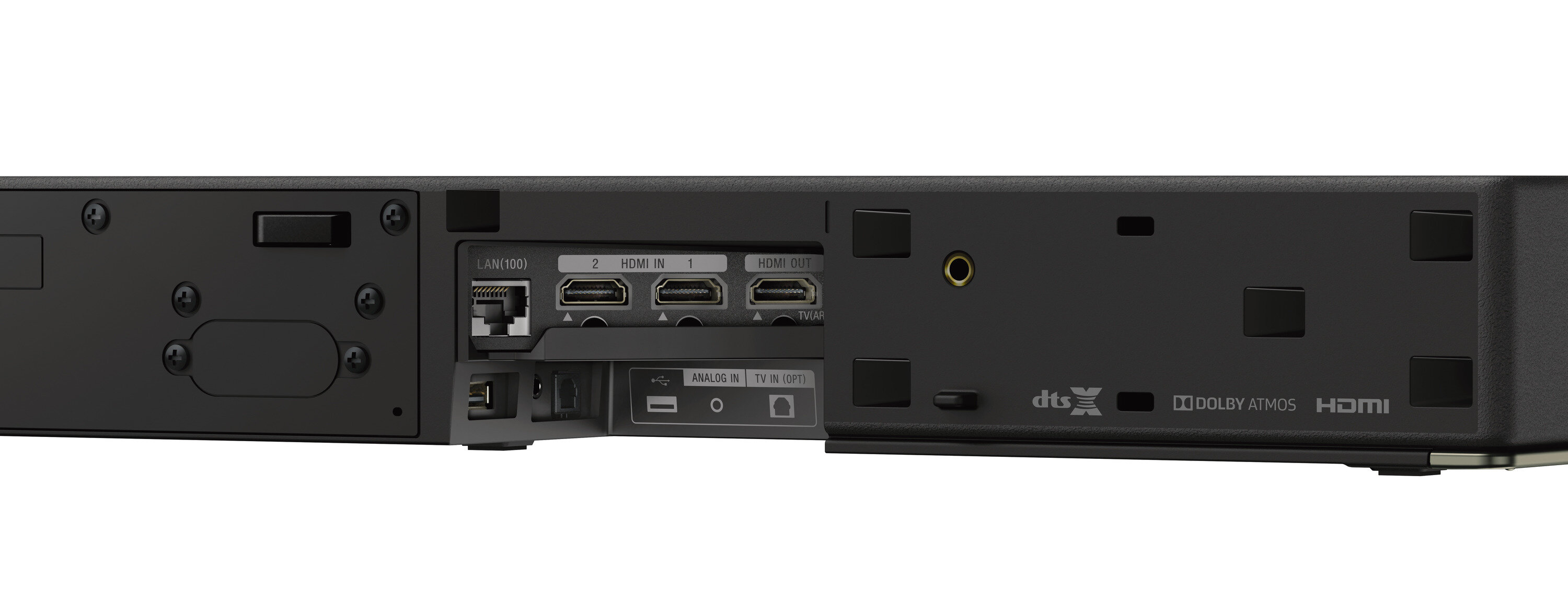 Tylny panel czarnego urządzenia z wieloma portami HDMI, logo DTS i Dolby Atmos.