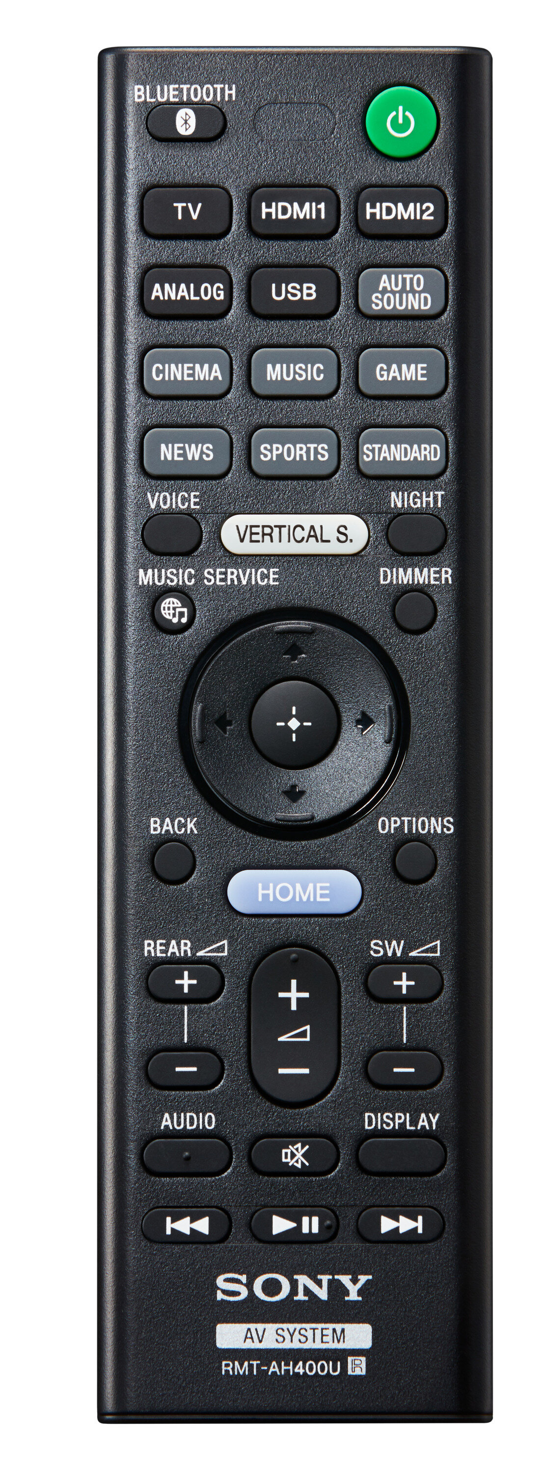Czarny pilot Sony z wieloma przyciskami do różnych funkcji. Przyciski są wyraźnie opisane.